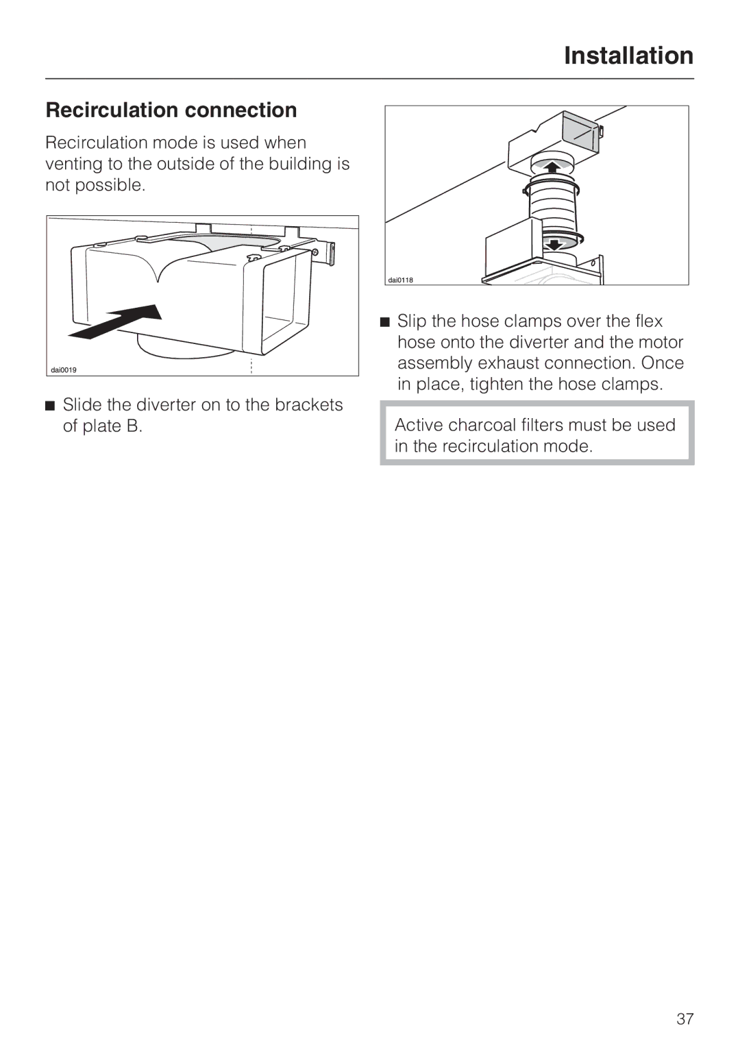 Miele DA 219-3, DA217-3 installation instructions Recirculation connection 