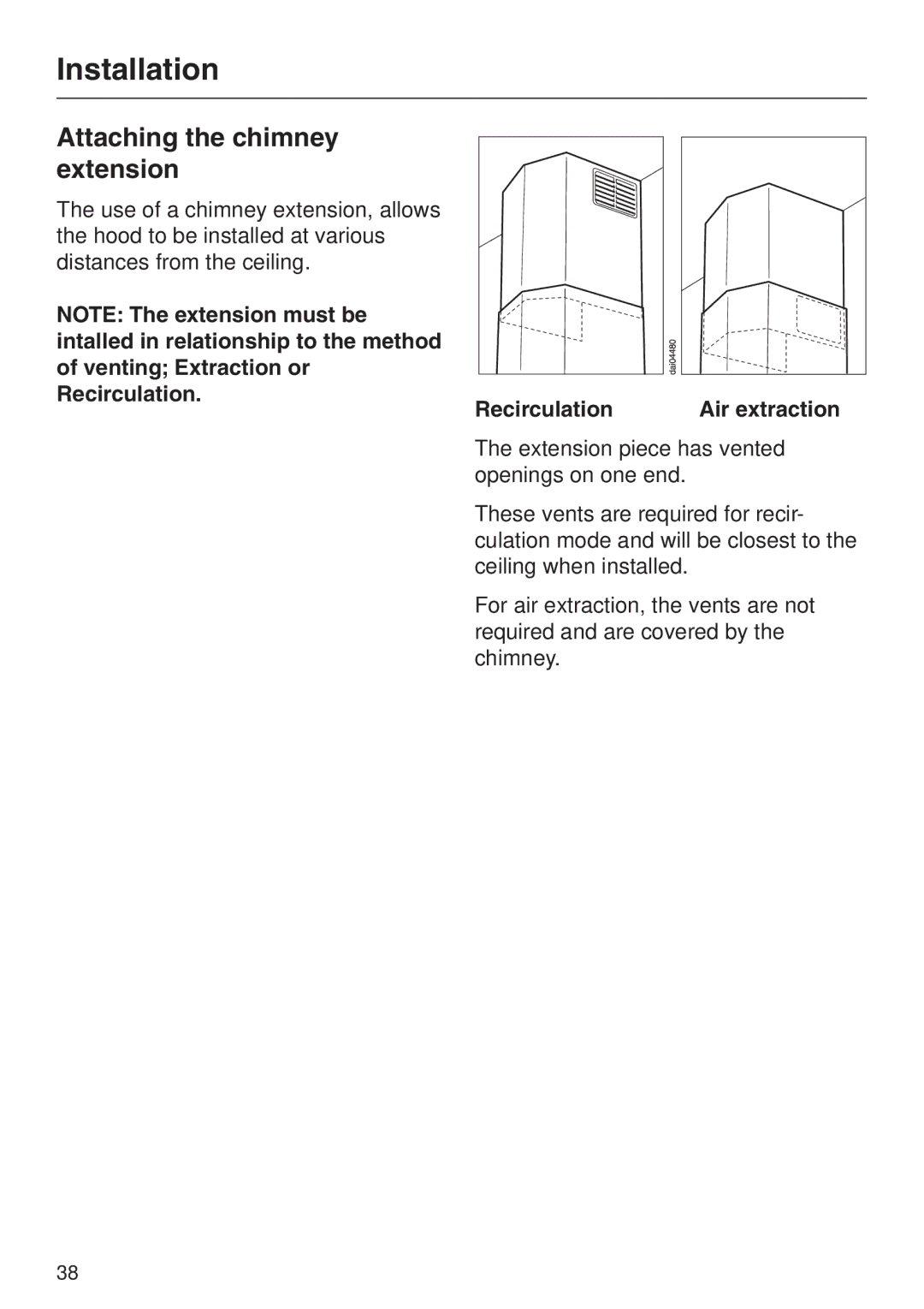 Miele DA217-3, DA 219-3 installation instructions Attaching the chimney extension, Recirculation 