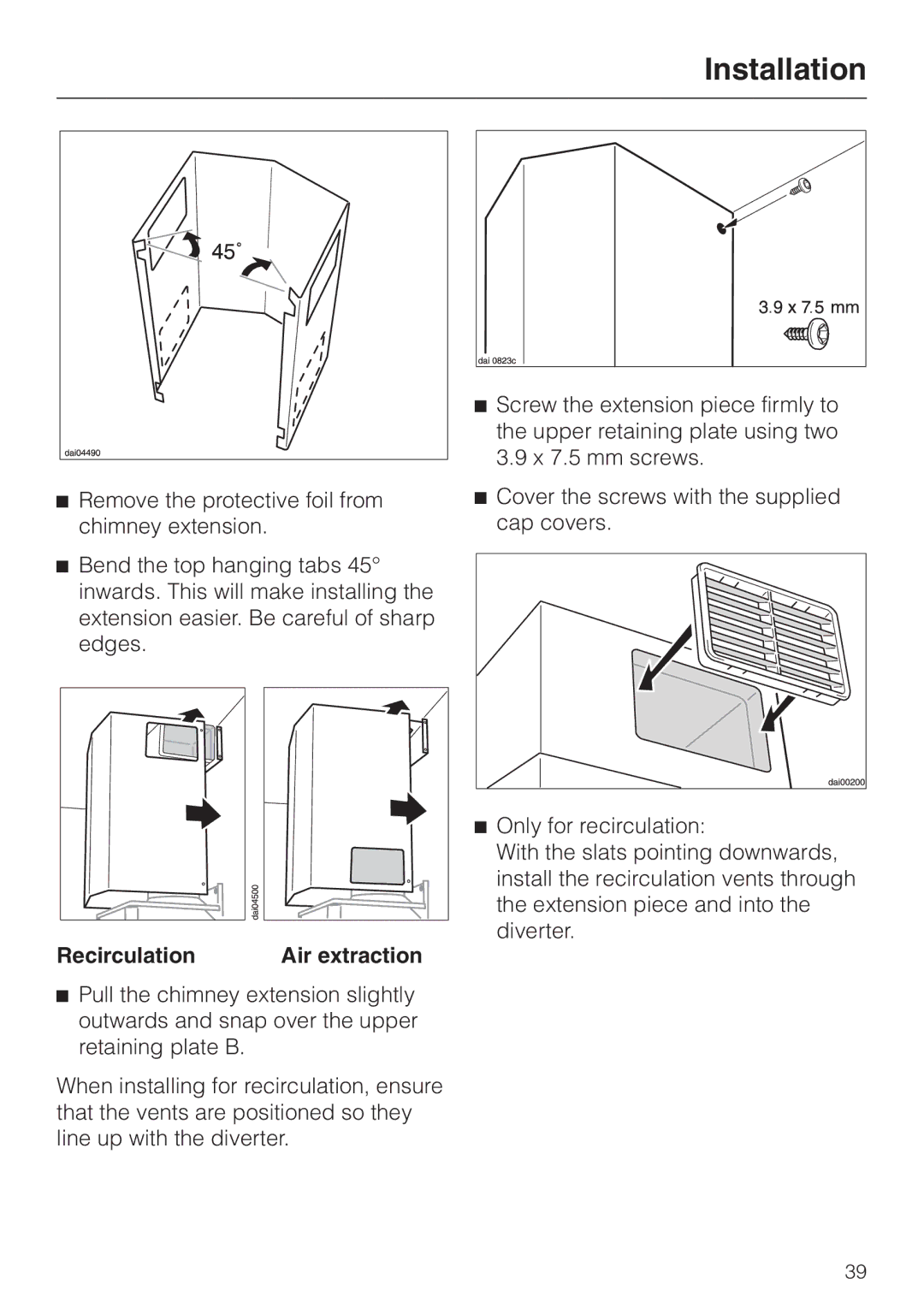 Miele DA 219-3, DA217-3 installation instructions Recirculation Air extraction 