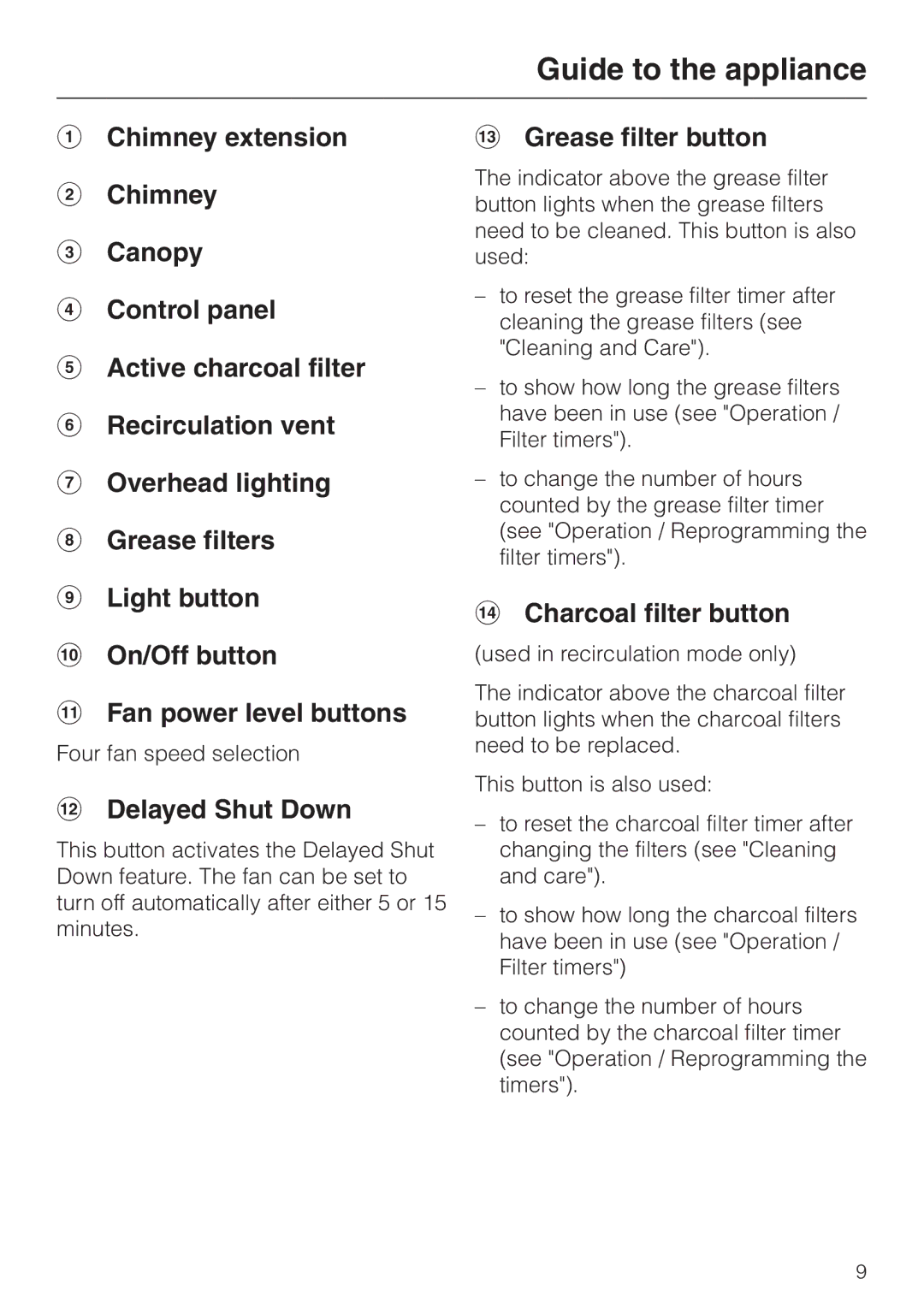 Miele DA 219-3, DA217-3 installation instructions Delayed Shut Down, Grease filter button, Charcoal filter button 