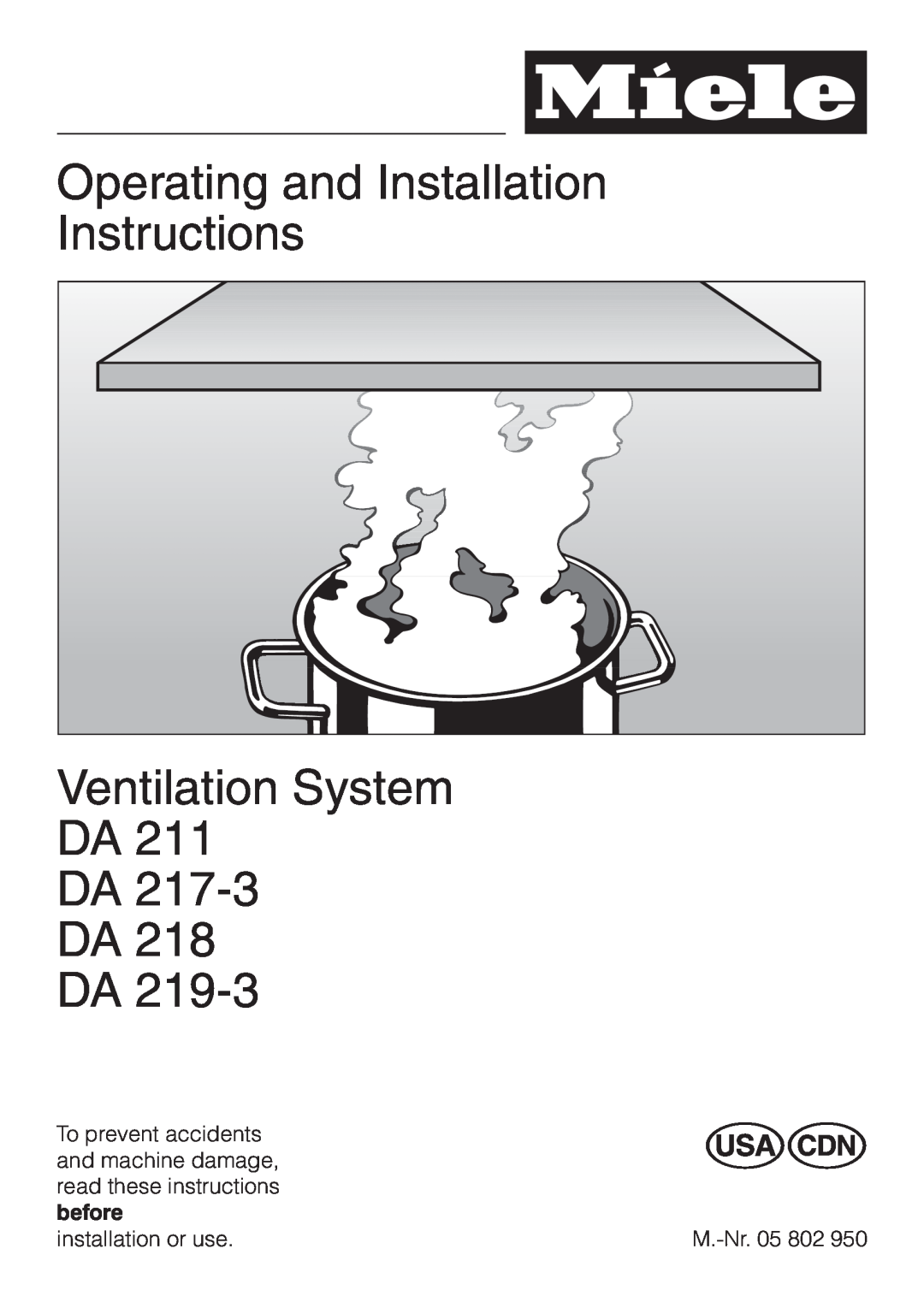 Miele DA 219-3, DA217-3 installation instructions Operating and Installation Instructions, Ventilation System DA DA DA DA 