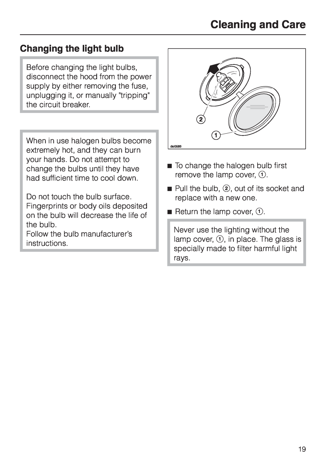 Miele DA 219-3, DA217-3 installation instructions Changing the light bulb, Cleaning and Care 
