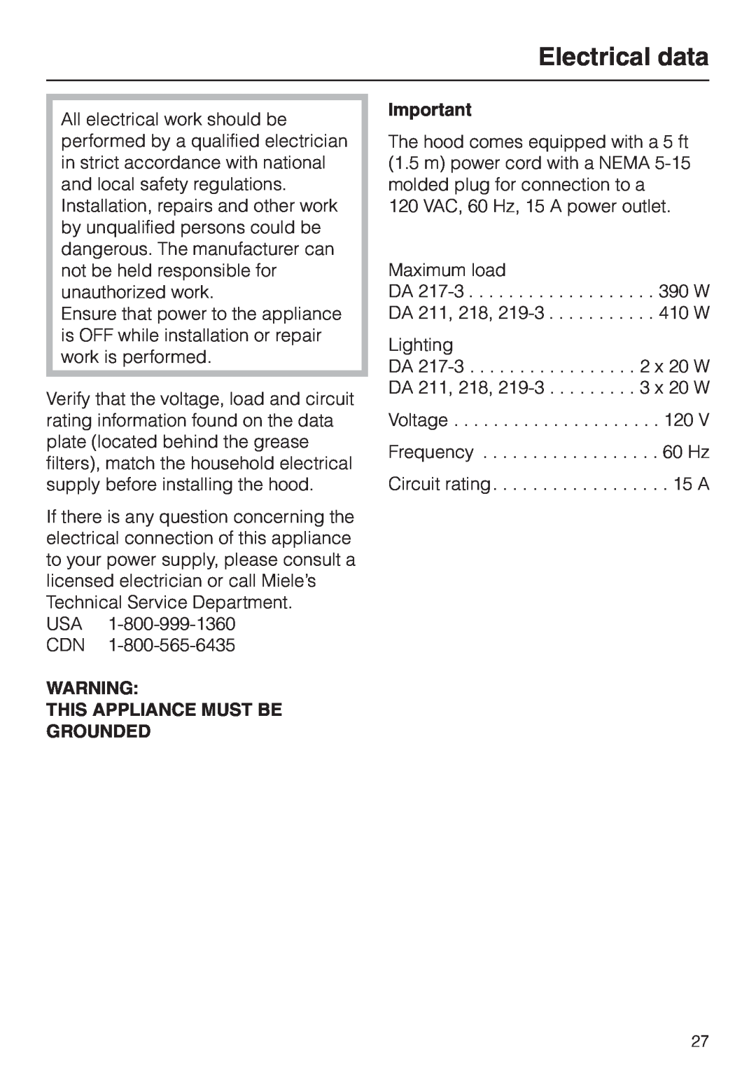 Miele DA 219-3, DA217-3 installation instructions Electrical data, This Appliance Must Be Grounded 