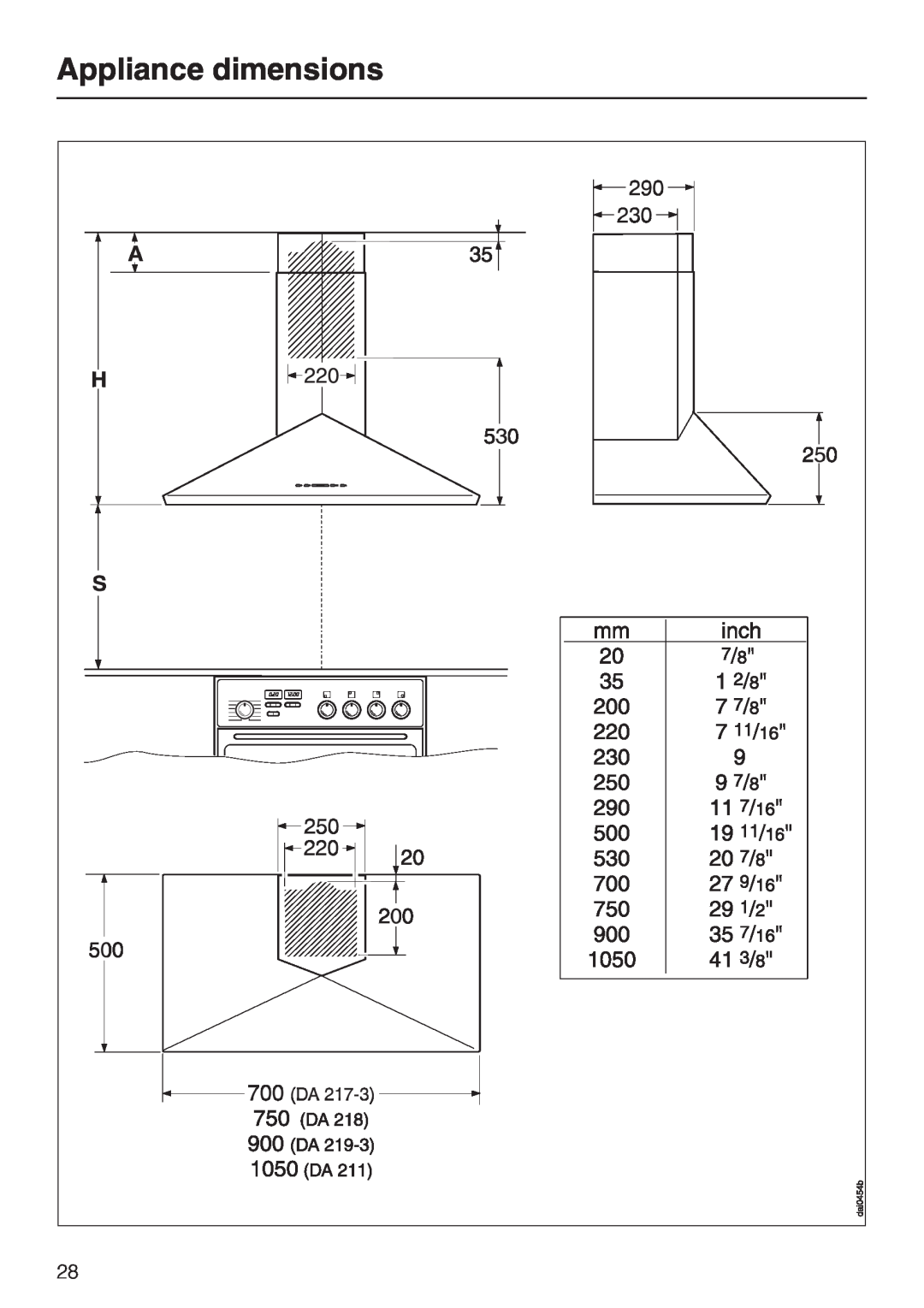 Miele DA217-3, DA 219-3 installation instructions Appliance dimensions 
