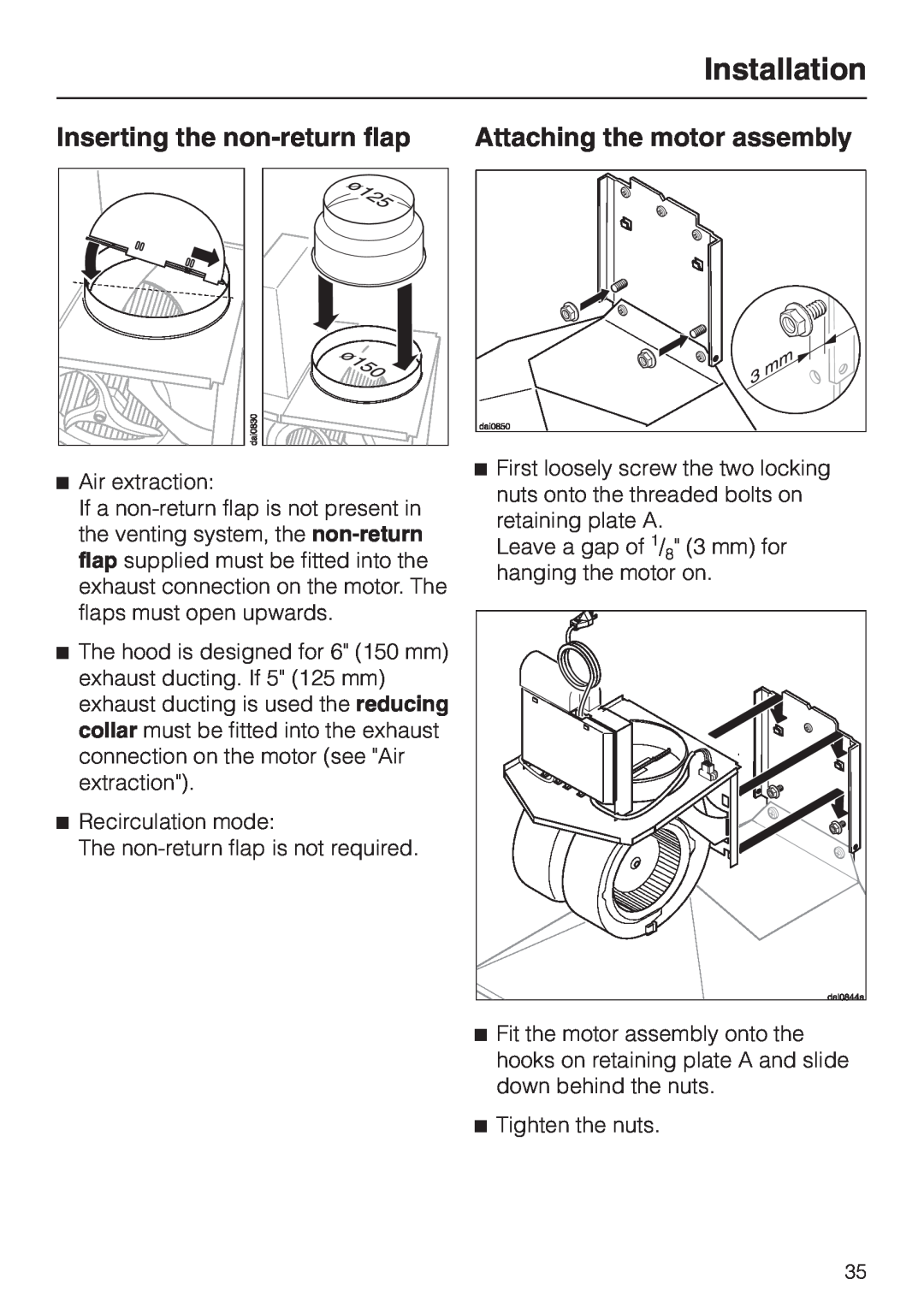 Miele DA 219-3, DA217-3 installation instructions Inserting the non-returnflap, Attaching the motor assembly, Installation 