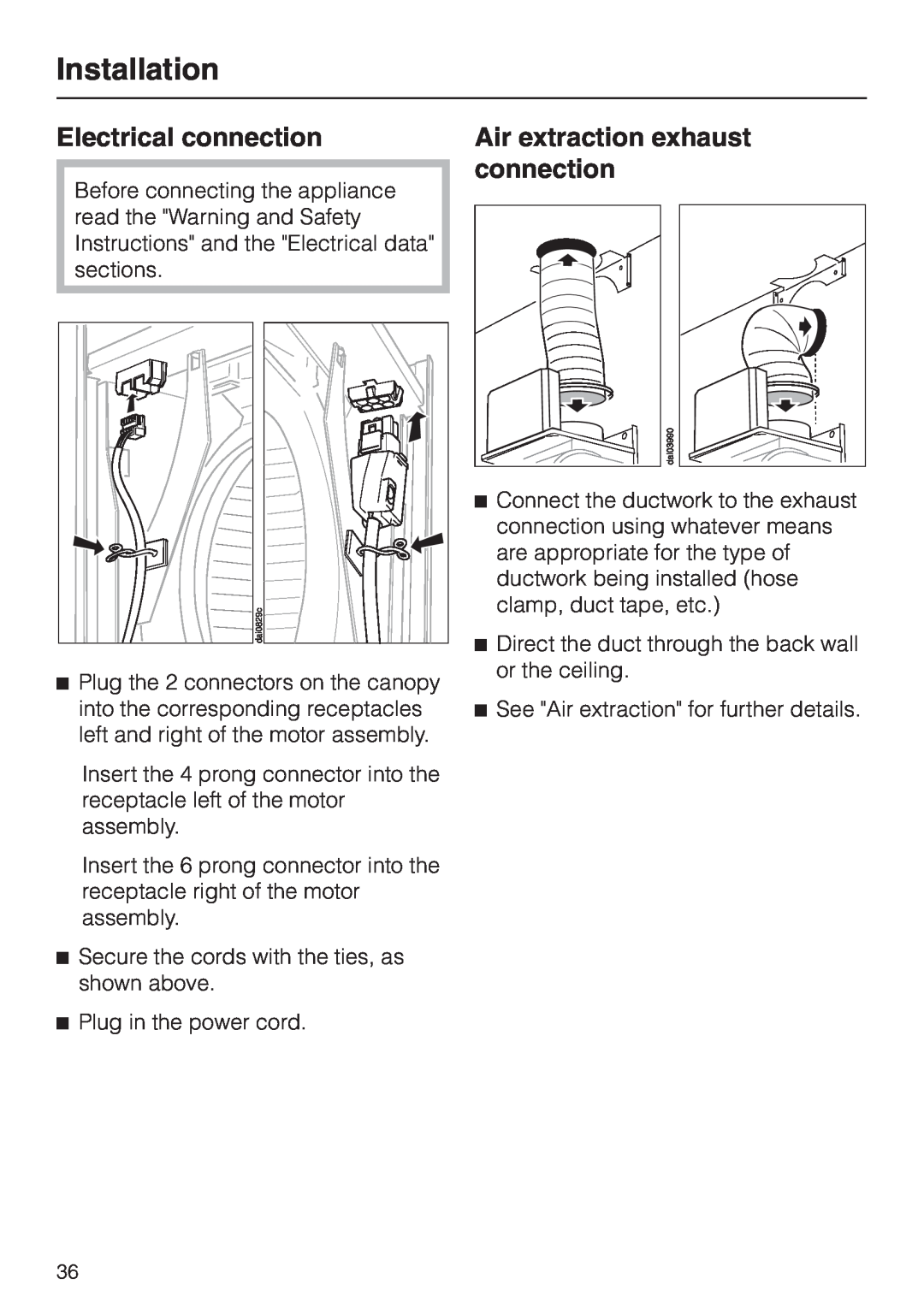 Miele DA217-3, DA 219-3 installation instructions Electrical connection, Air extraction exhaust connection, Installation 