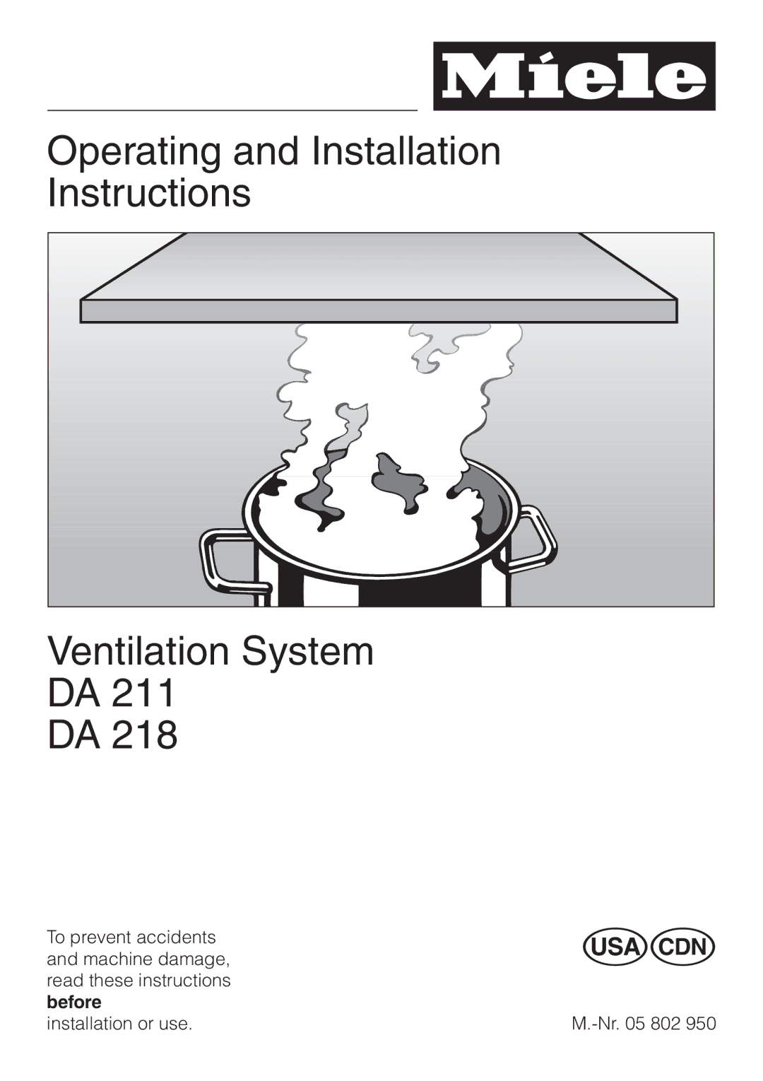 Miele DA211, DA218 installation instructions Operating and Installation Instructions Ventilation System 