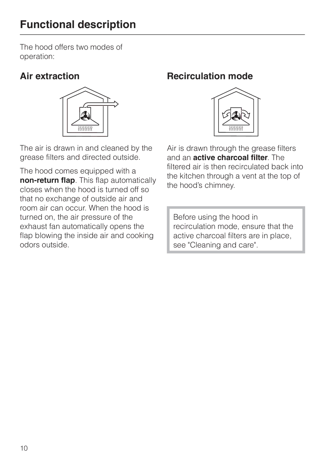 Miele DA218, DA211 installation instructions Functional description, Air extraction, Recirculation mode 