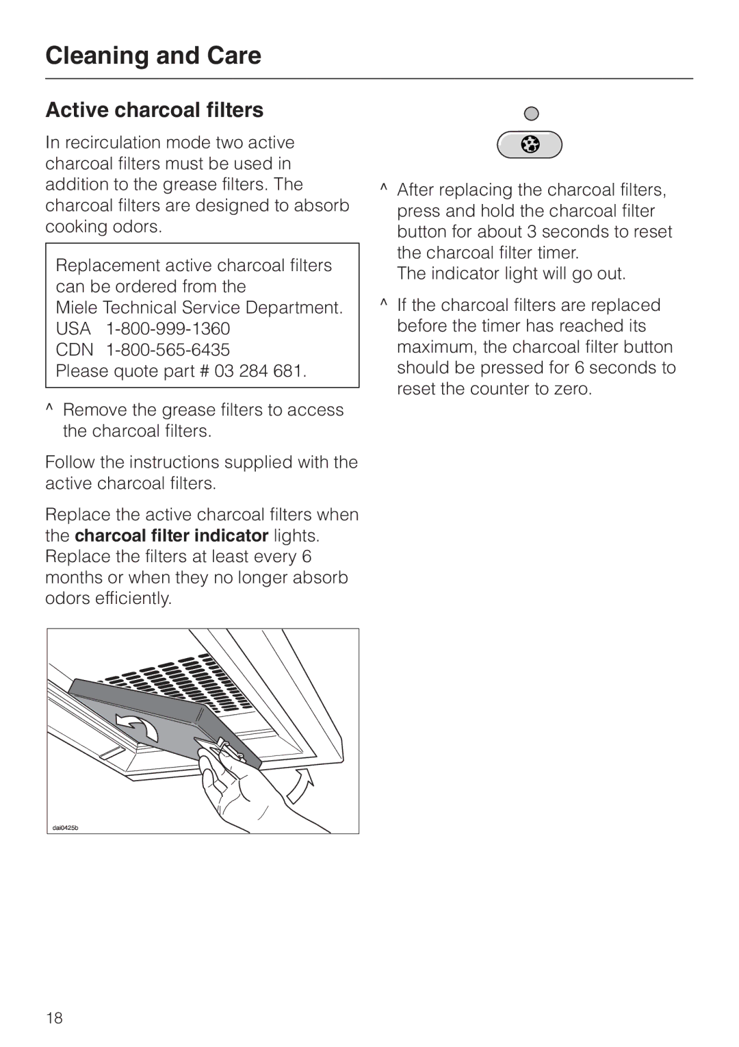 Miele DA218, DA211 installation instructions Active charcoal filters 