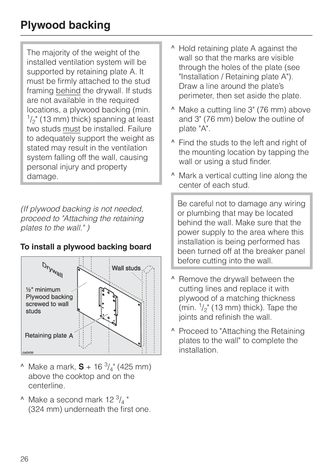 Miele DA218, DA211 installation instructions Plywood backing, To install a plywood backing board 