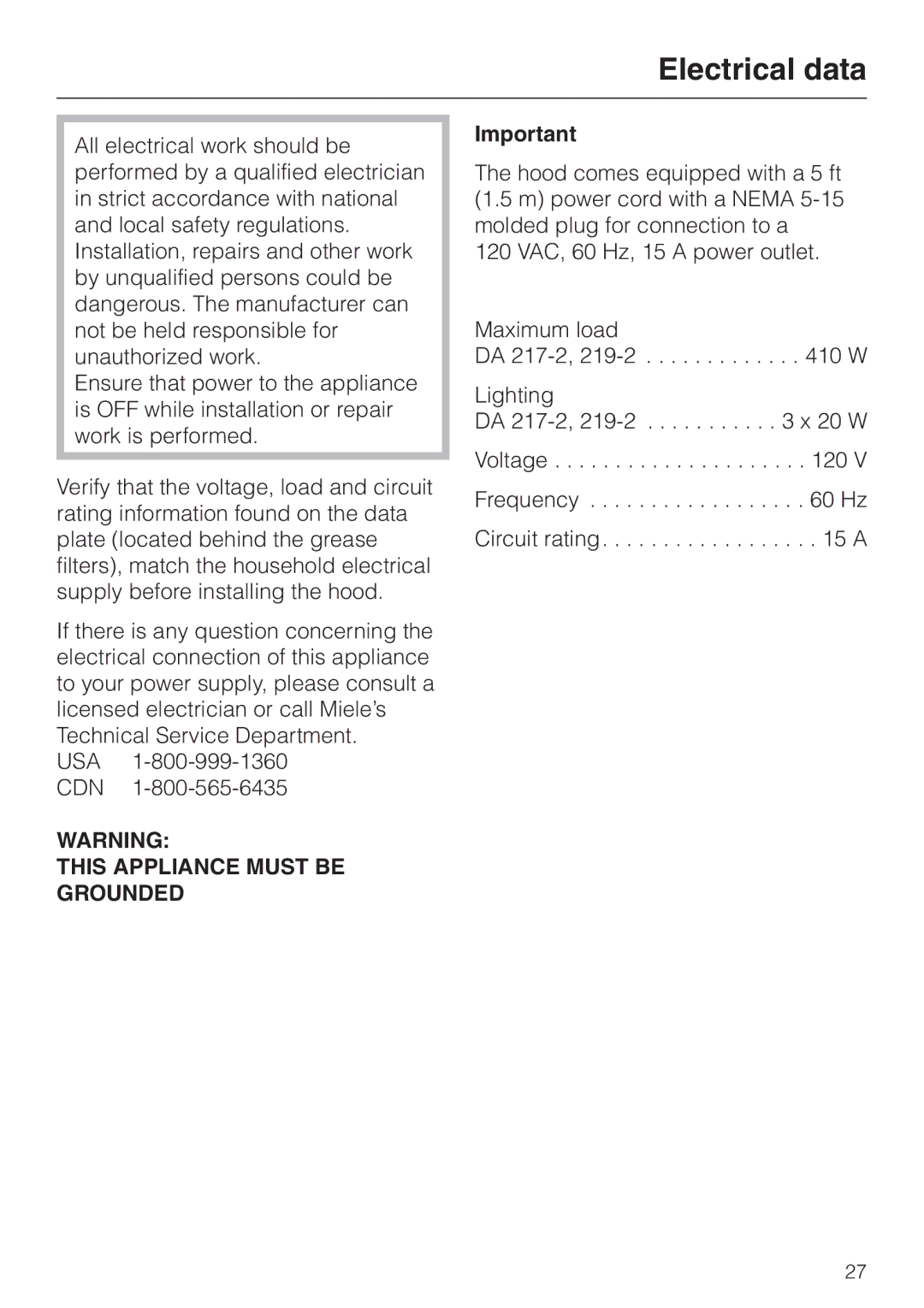 Miele DA211, DA218 installation instructions Electrical data, This Appliance Must be Grounded 