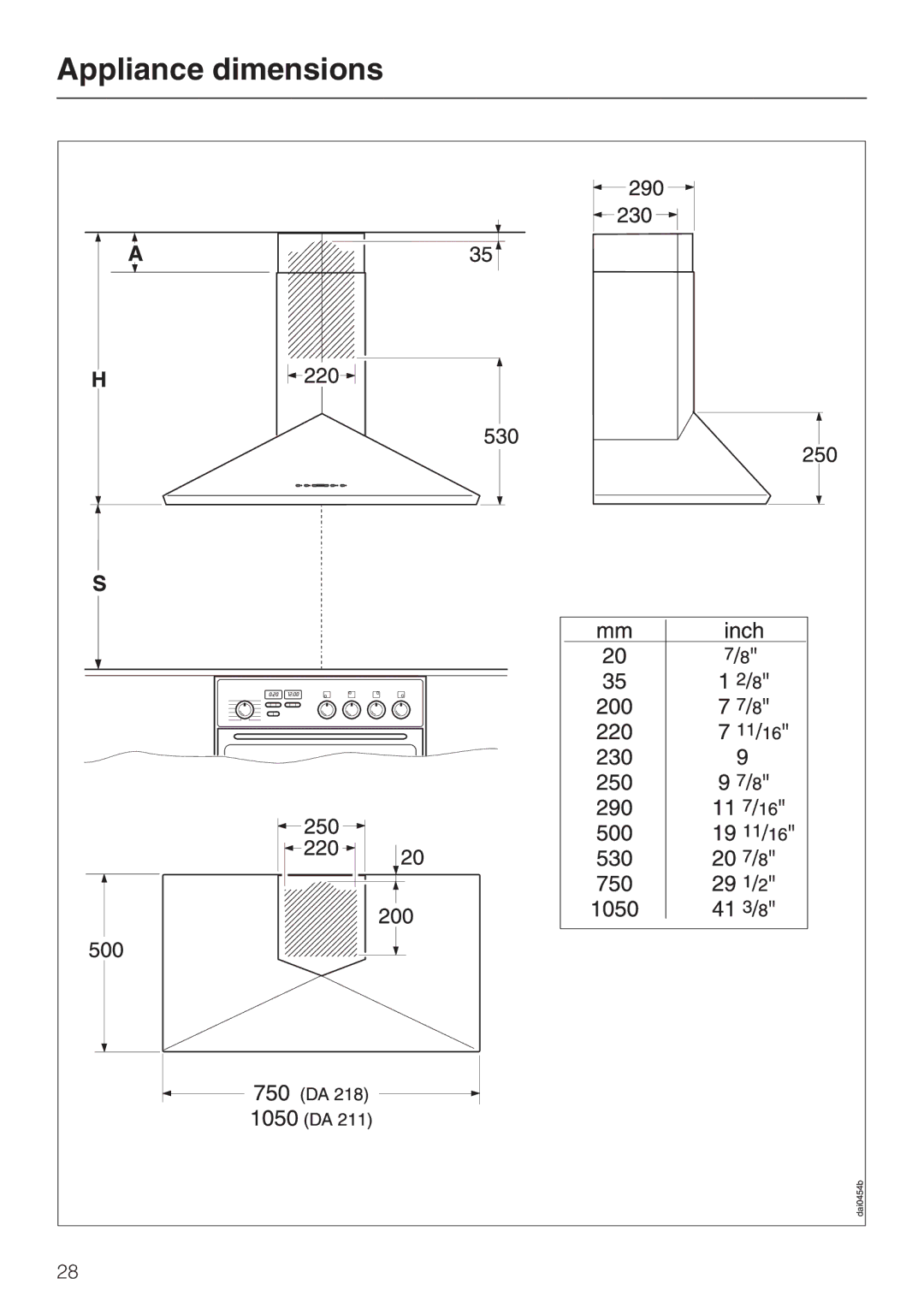 Miele DA218, DA211 installation instructions Appliance dimensions 