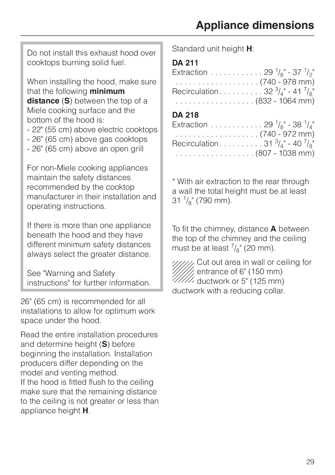 Miele DA211, DA218 installation instructions Appliance dimensions 