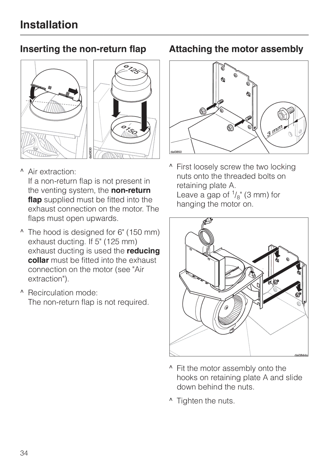 Miele DA218, DA211 installation instructions Inserting the non-return flap Attaching the motor assembly 