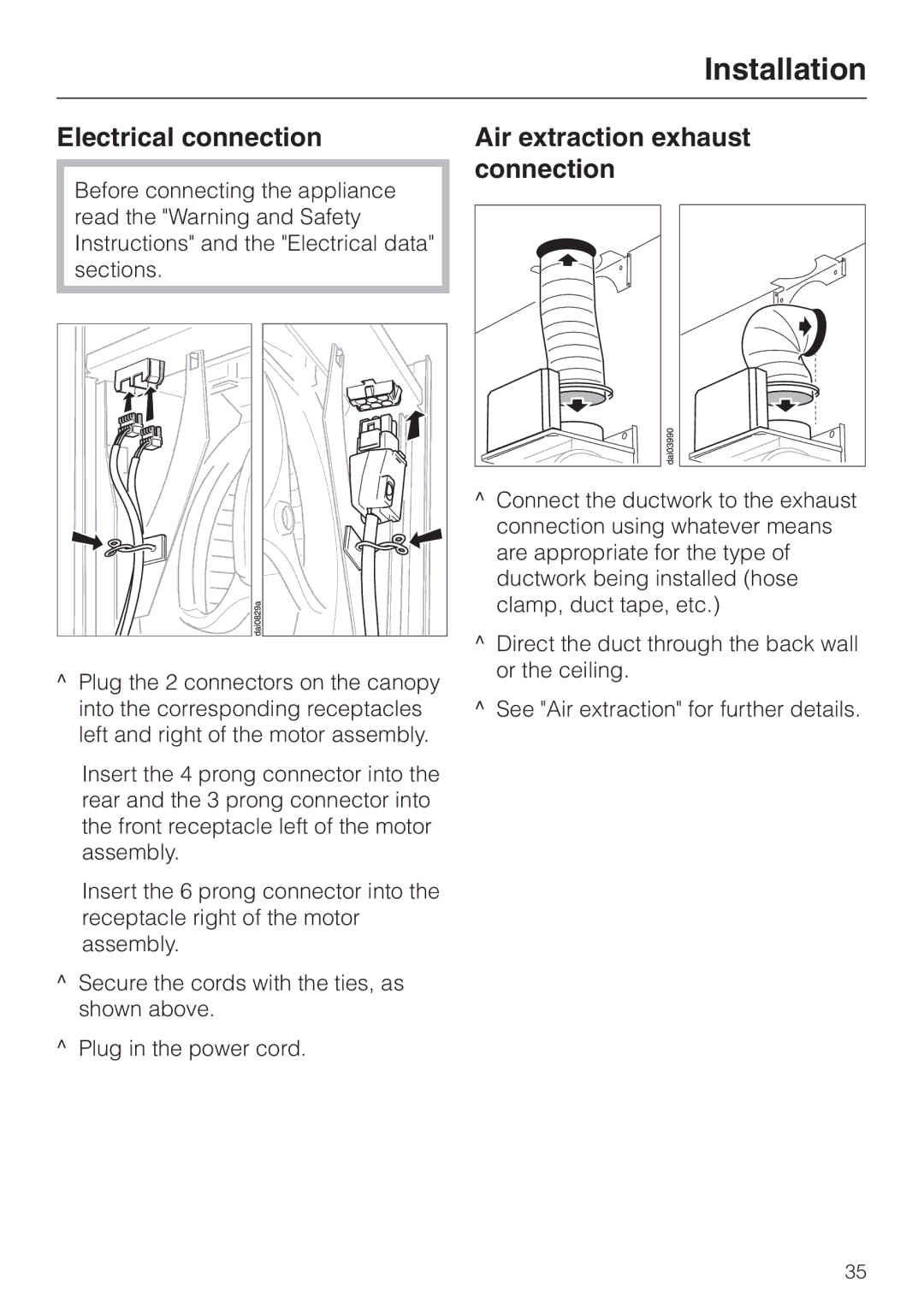 Miele DA211, DA218 installation instructions Electrical connection, Air extraction exhaust connection 