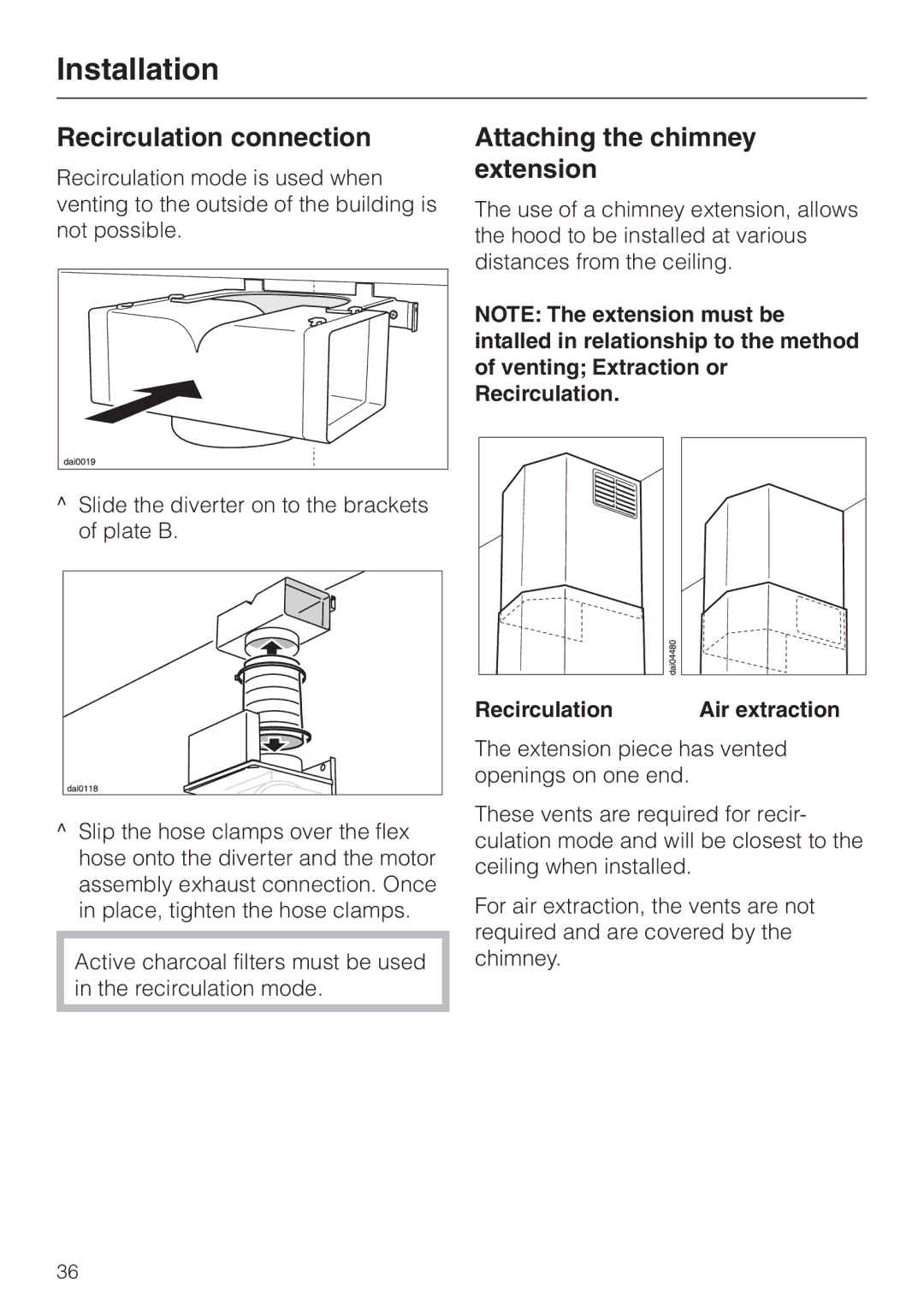 Miele DA218, DA211 installation instructions Recirculation connection, Attaching the chimney extension 