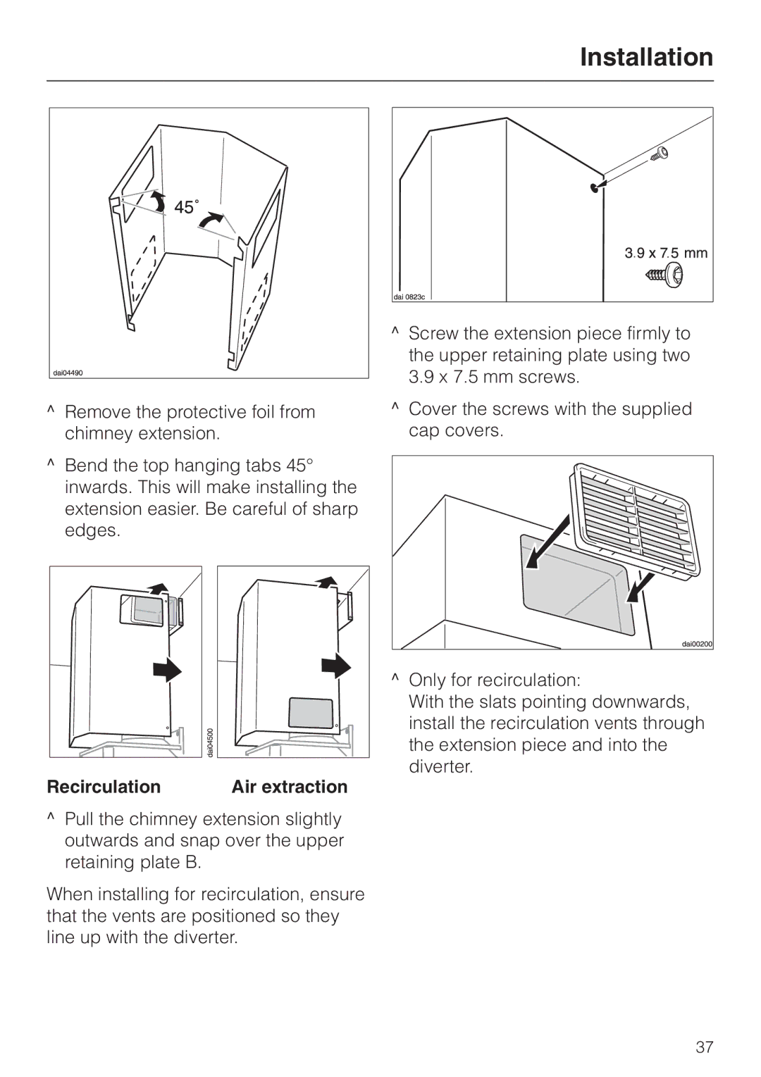 Miele DA211, DA218 installation instructions Recirculation Air extraction 