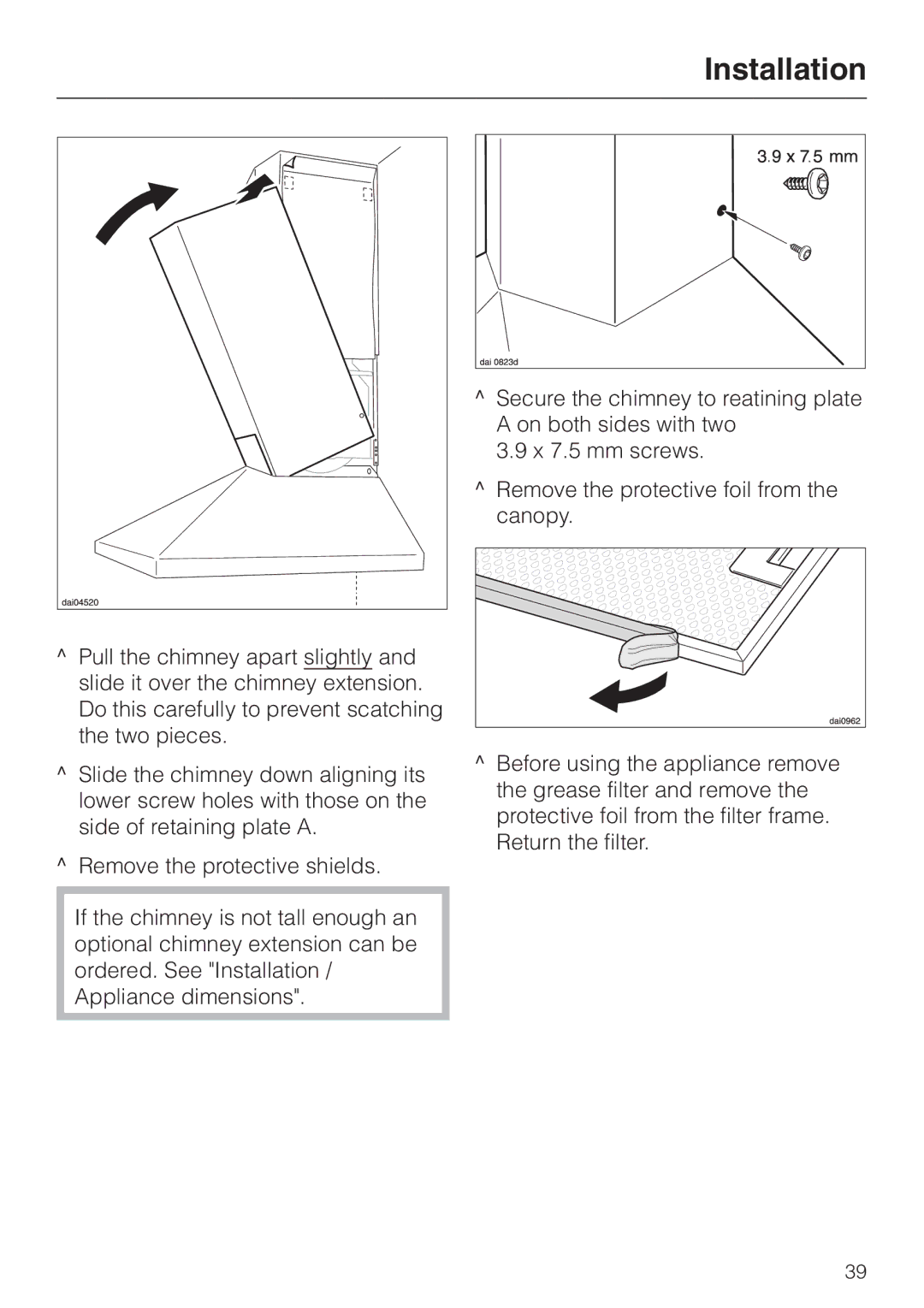 Miele DA211, DA218 installation instructions Installation 