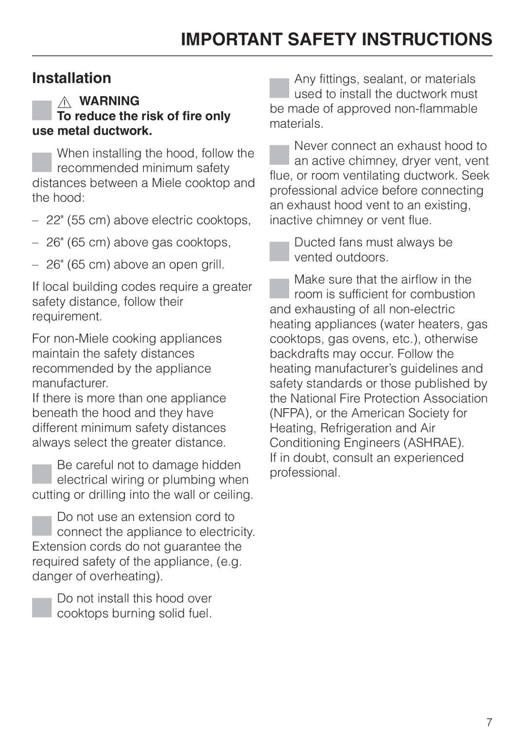 Miele DA211, DA218 installation instructions Installation, To reduce the risk of fire only use metal ductwork 