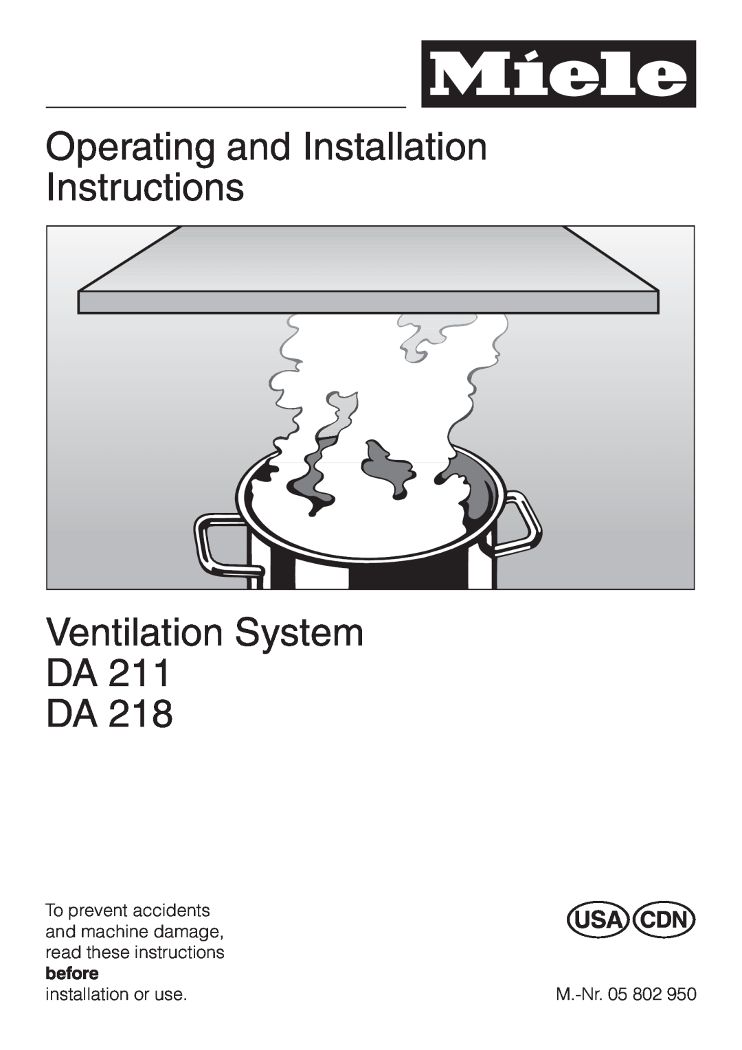 Miele DA211, DA218 installation instructions Operating and Installation Instructions, Ventilation System DA DA 