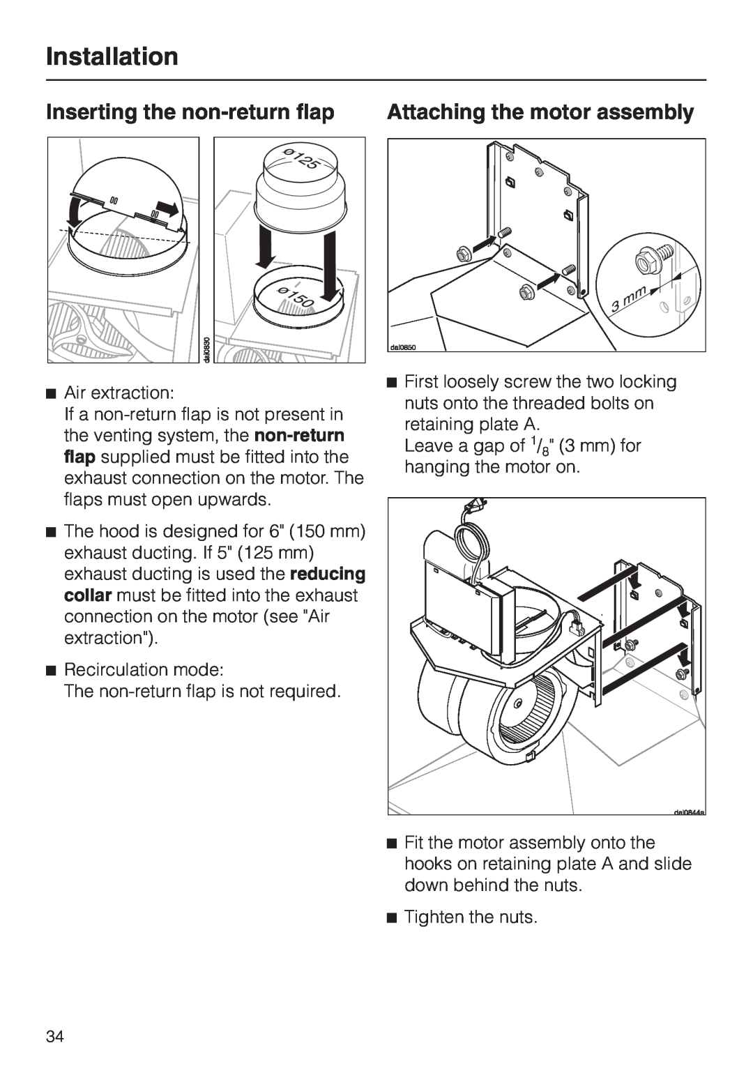 Miele DA218, DA211 installation instructions Inserting the non-returnflap, Attaching the motor assembly, Installation 