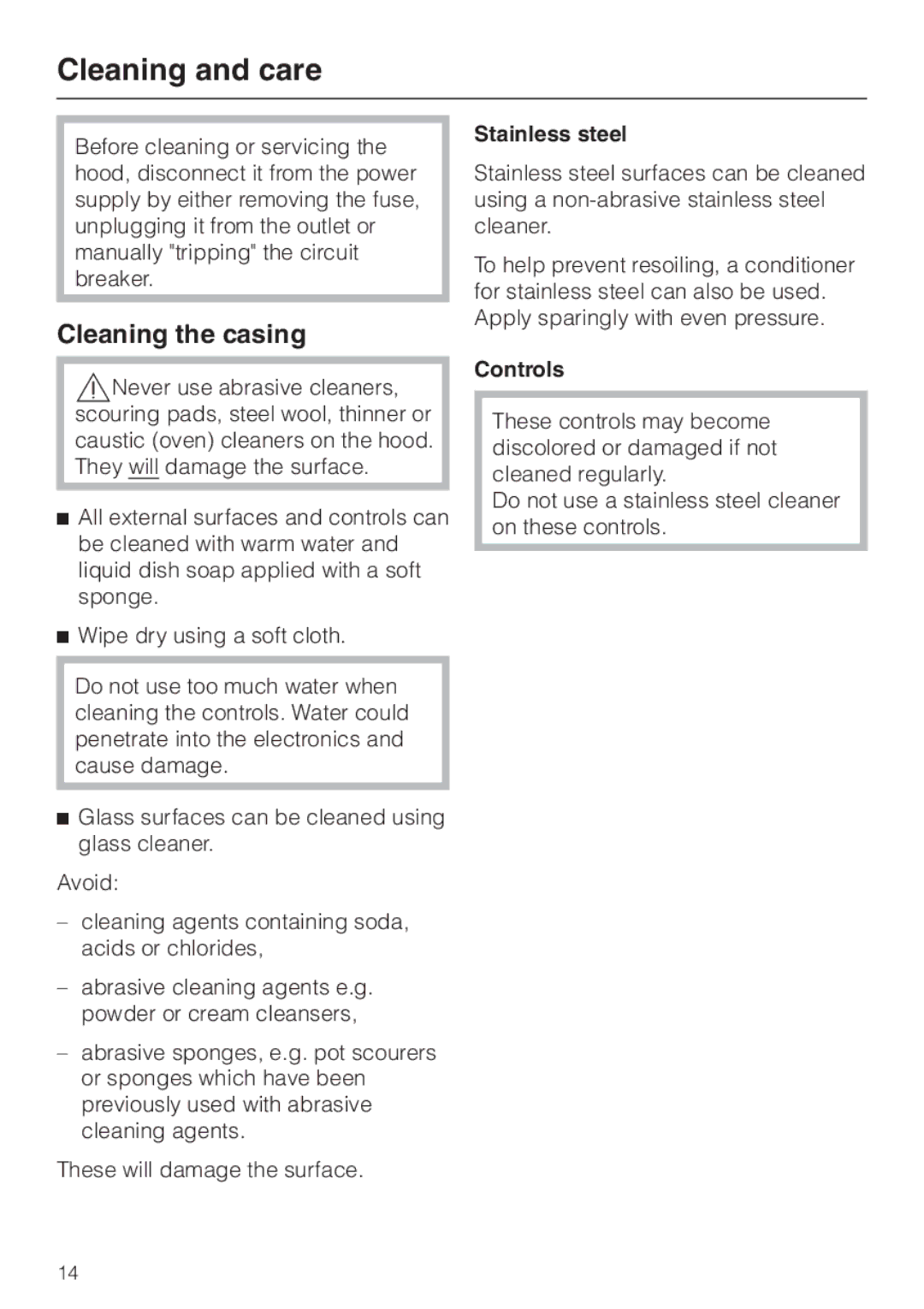 Miele DA220-3 installation instructions Cleaning and care, Cleaning the casing, Stainless steel, Controls 