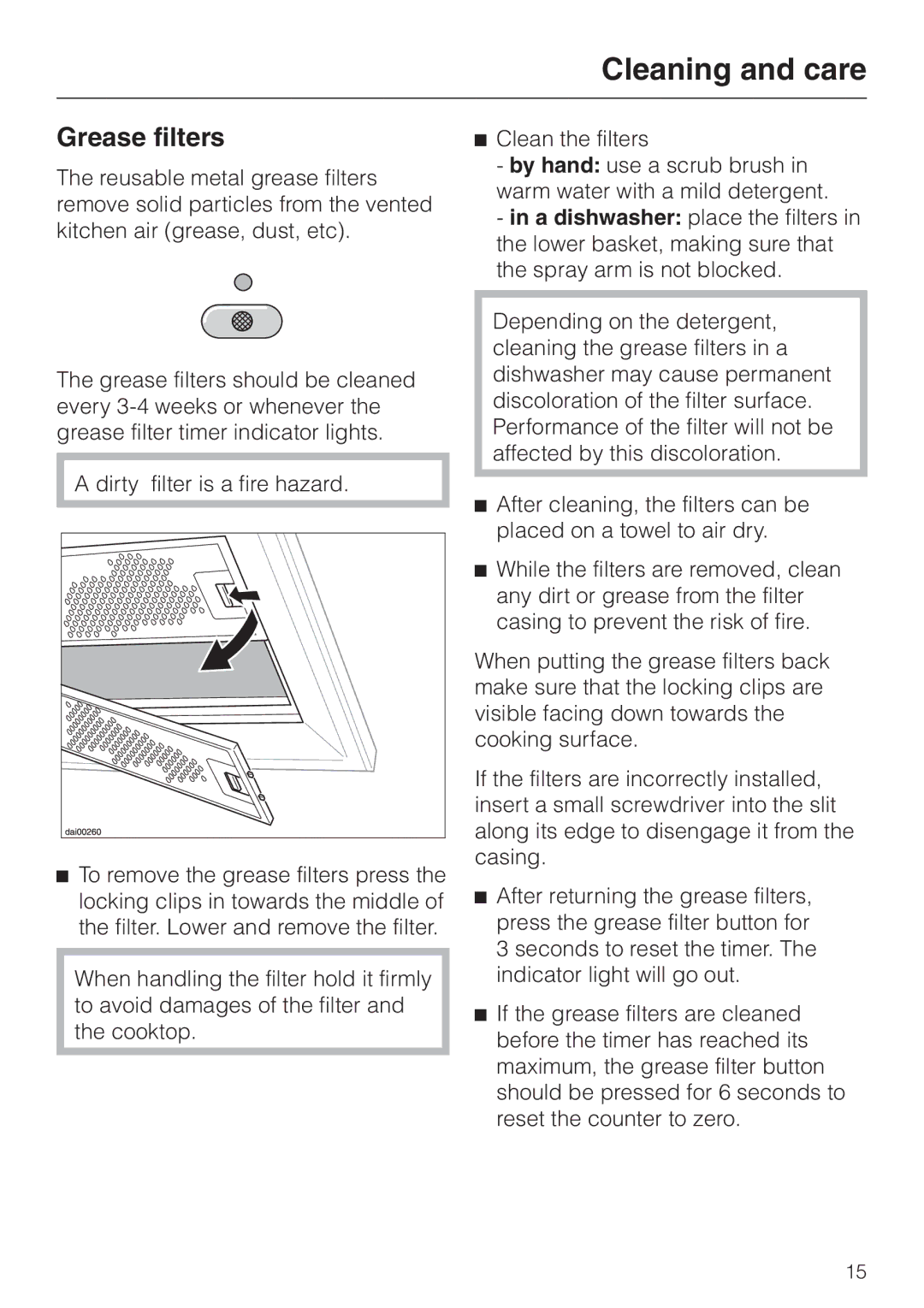 Miele DA220-3 installation instructions Grease filters 