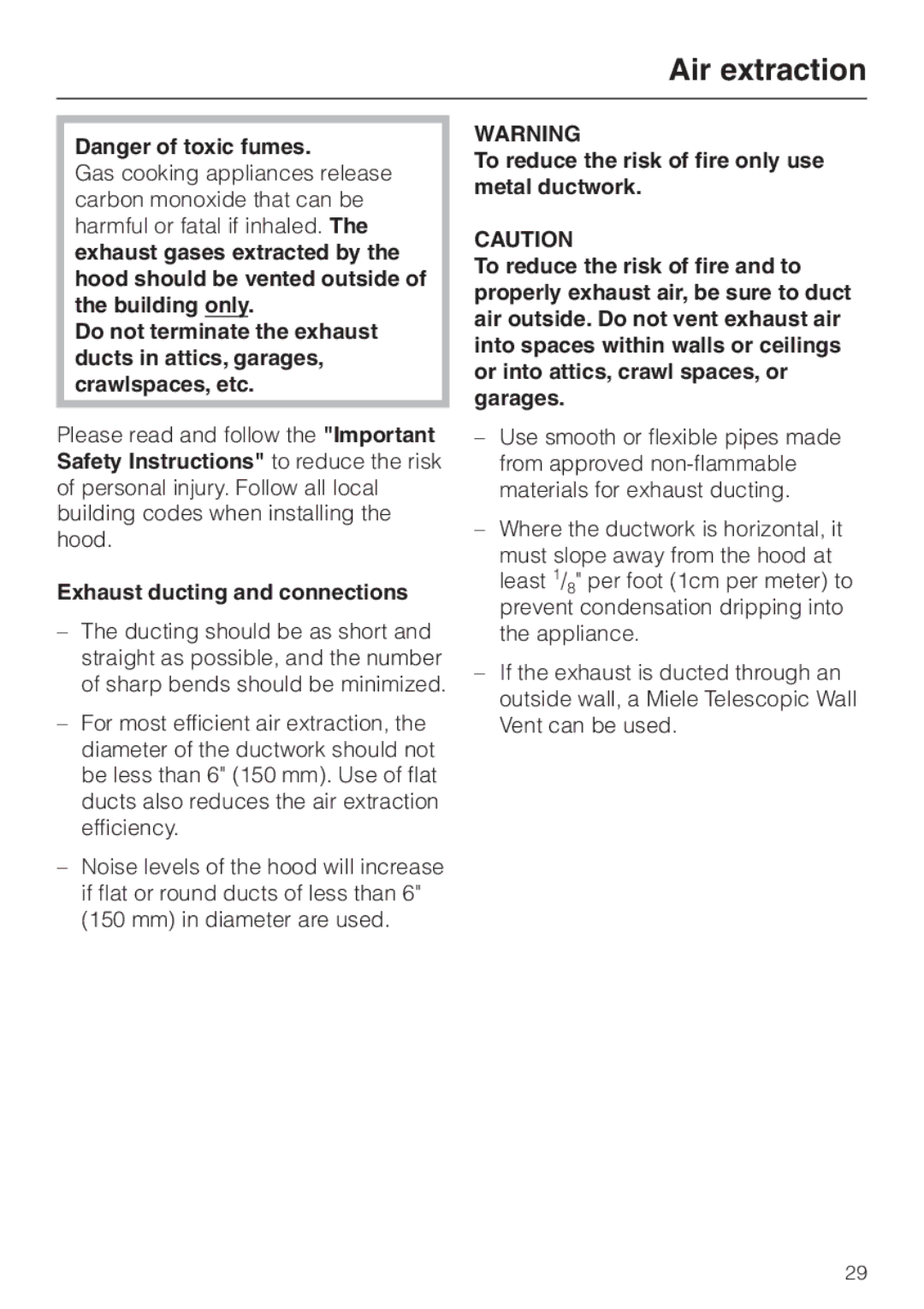 Miele DA220-3 installation instructions Air extraction, Exhaust ducting and connections 