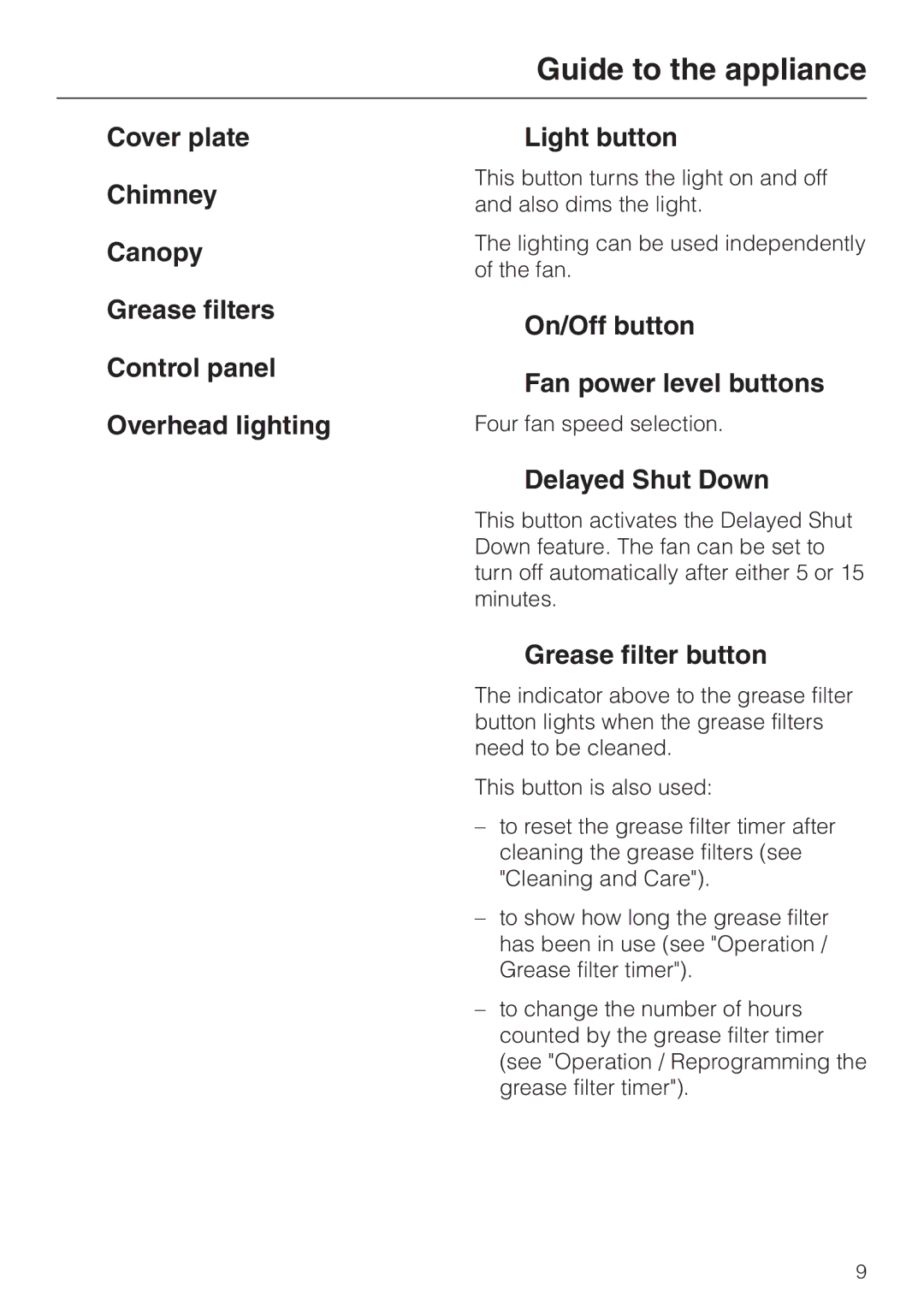 Miele DA220-3 installation instructions On/Off button Fan power level buttons, Delayed Shut Down, Grease filter button 