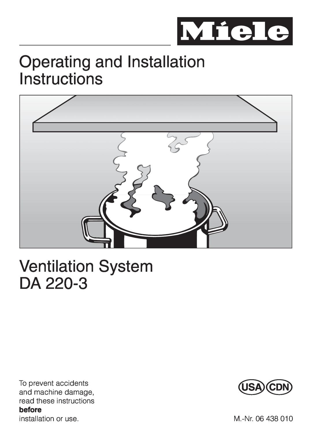 Miele DA220-3 installation instructions Operating and Installation Instructions, Ventilation System DA 