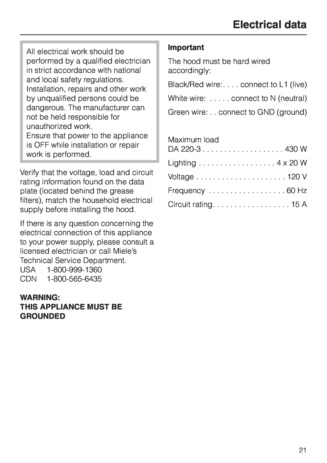 Miele DA220-3 installation instructions Electrical data, This Appliance Must Be Grounded 