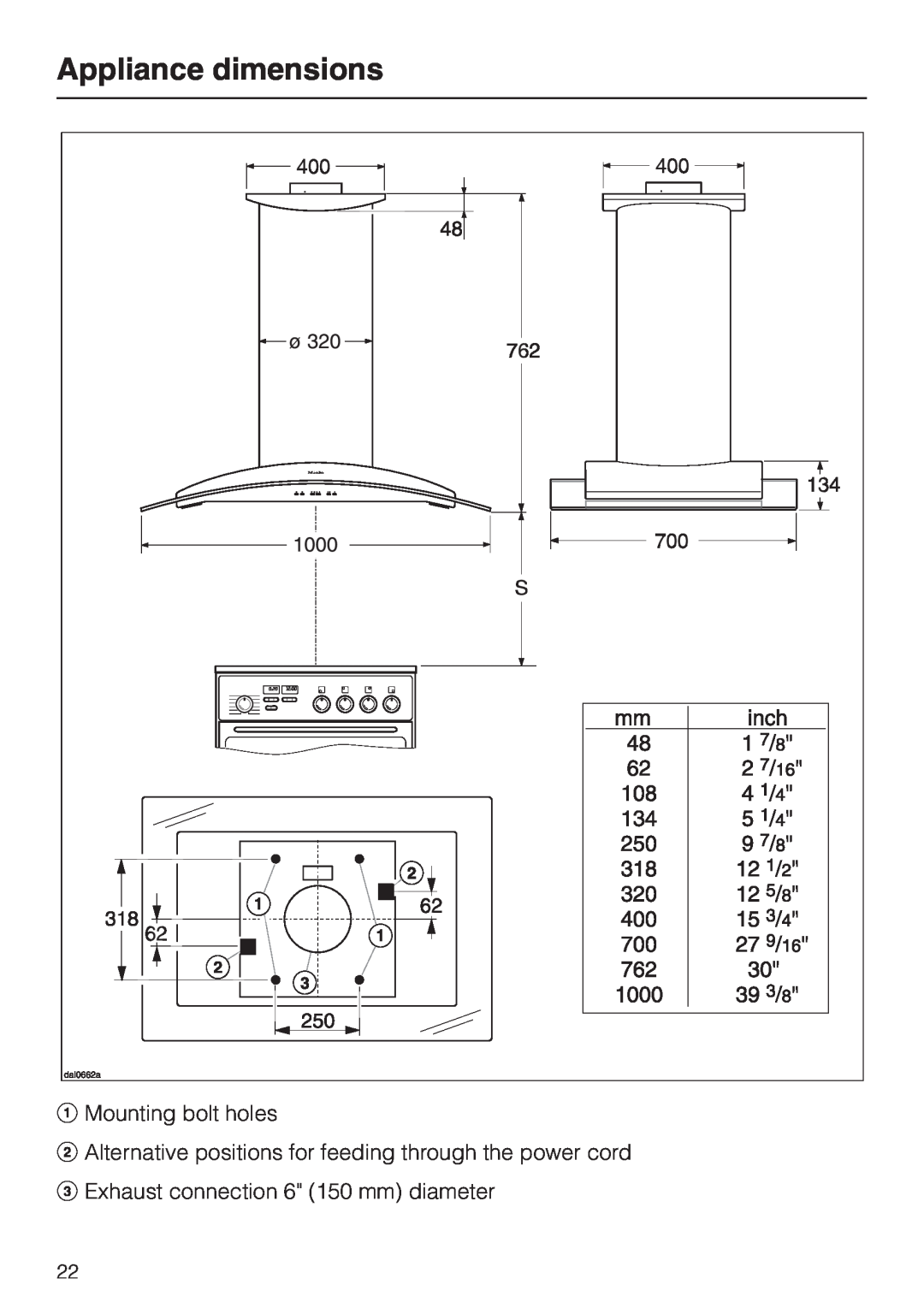 Miele DA220-3 installation instructions Appliance dimensions, aMounting bolt holes, cExhaust connection 6 150 mm diameter 