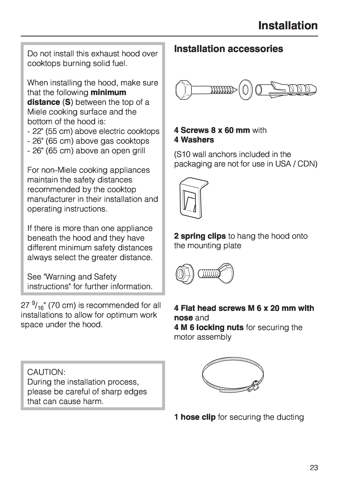 Miele DA220-3 Installation accessories, Screws 8 x 60 mm with 4 Washers, Flat head screws M 6 x 20 mm with nose and 