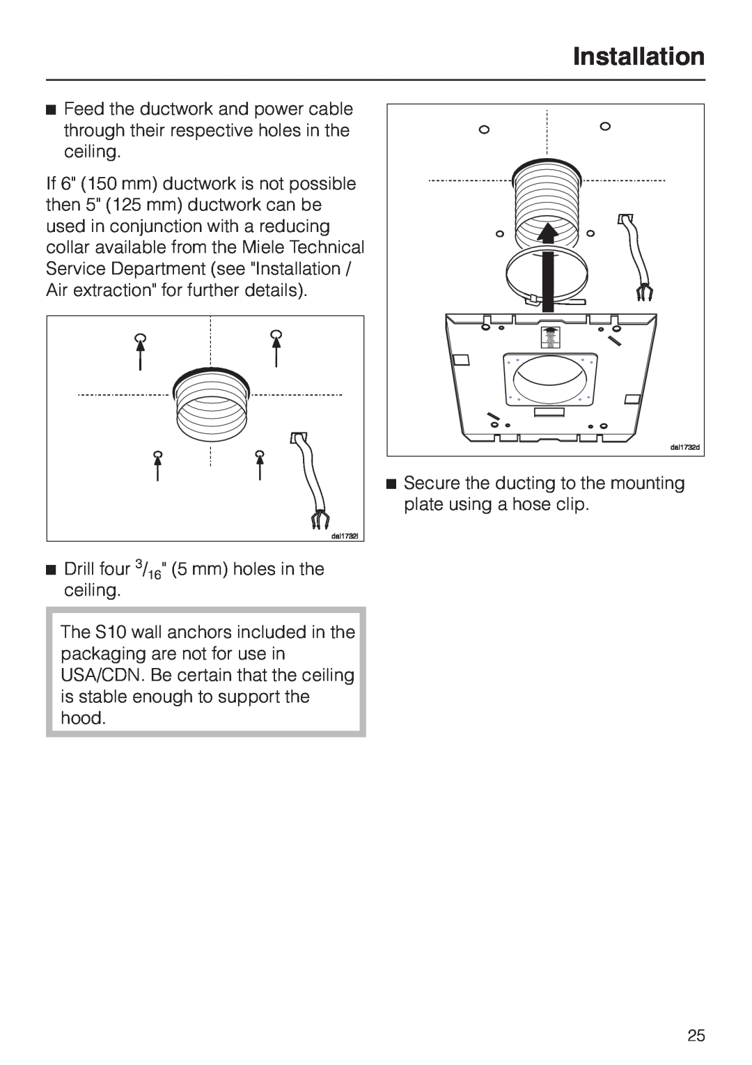 Miele DA220-3 installation instructions Installation, Drill four 3/16 5 mm holes in the ceiling 