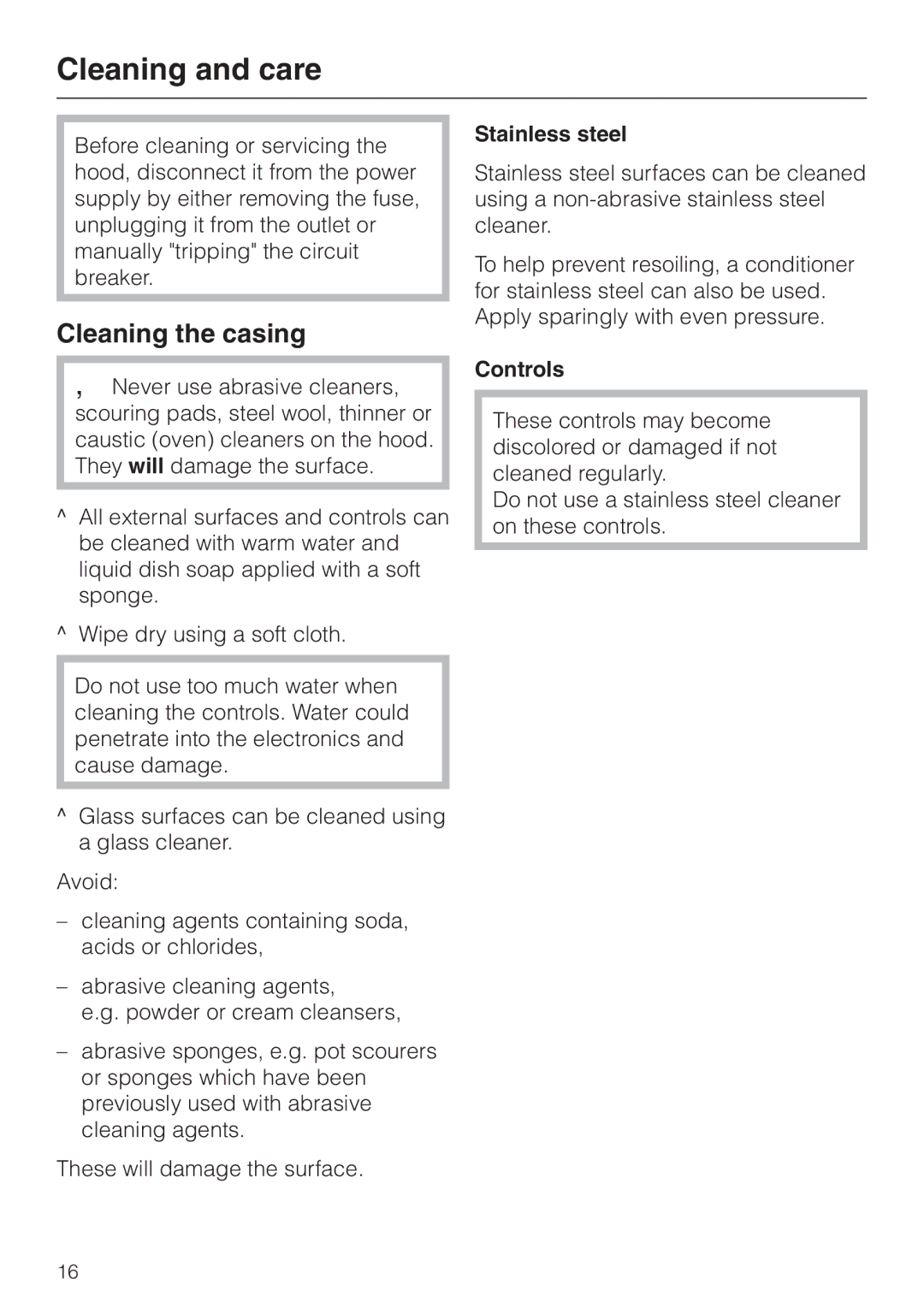 Miele DA220-4 installation instructions Cleaning and care, Cleaning the casing, Stainless steel, Controls 