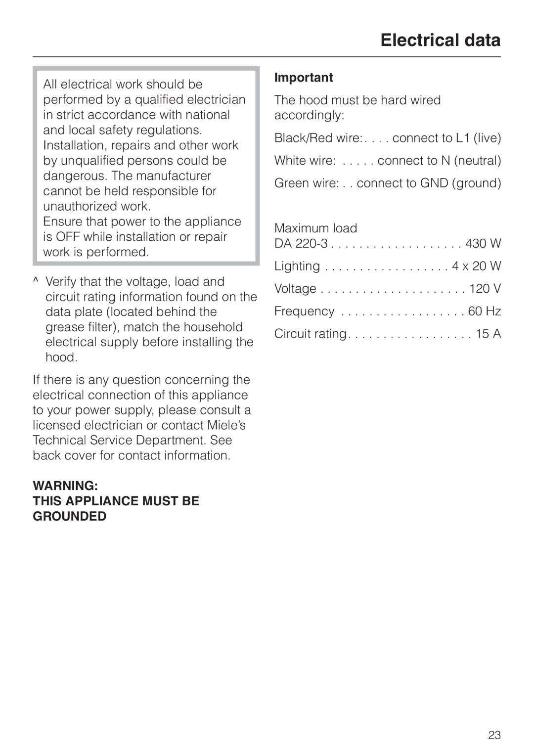 Miele DA220-4 installation instructions Electrical data, This Appliance Must be Grounded 