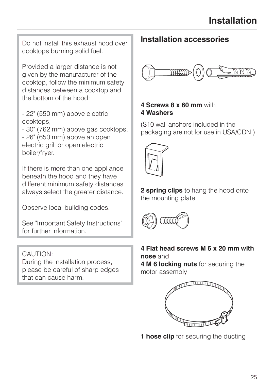 Miele DA220-4 installation instructions Installation accessories, Screws 8 x 60 mm with Washers 