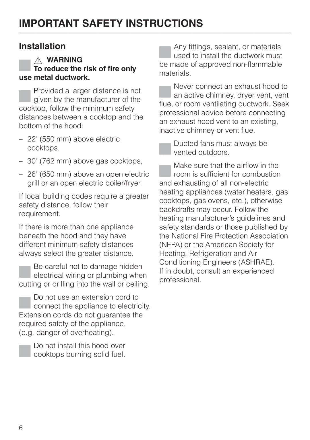 Miele DA220-4 installation instructions Installation, To reduce the risk of fire only use metal ductwork 