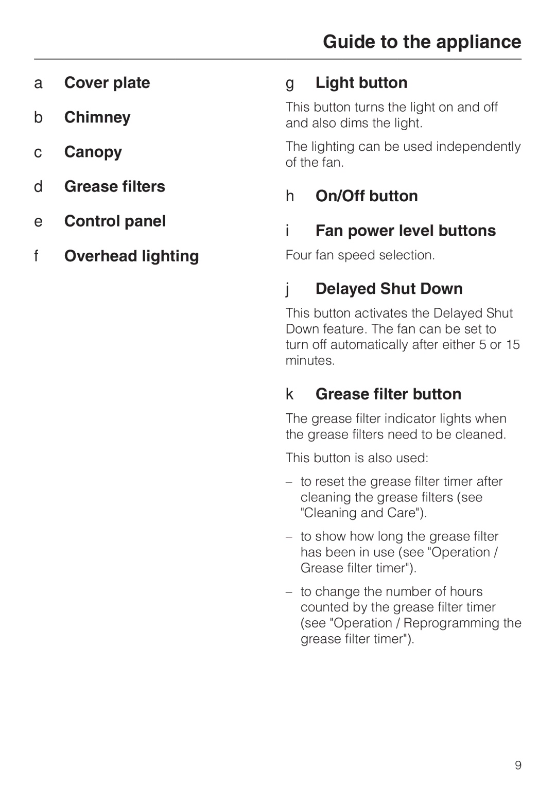 Miele DA220-4 installation instructions On/Off button Fan power level buttons, Delayed Shut Down, Grease filter button 