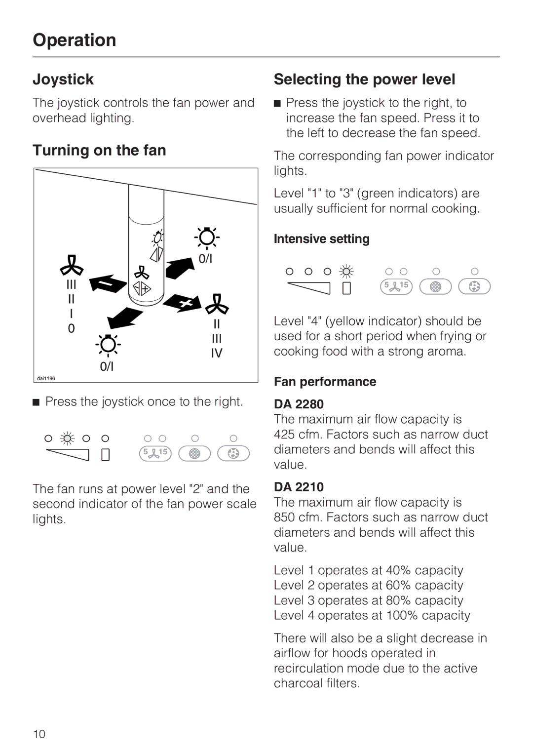 Miele DA2210, DA2280 Operation, Turning on the fan, Selecting the power level, Intensive setting, Fan performance 