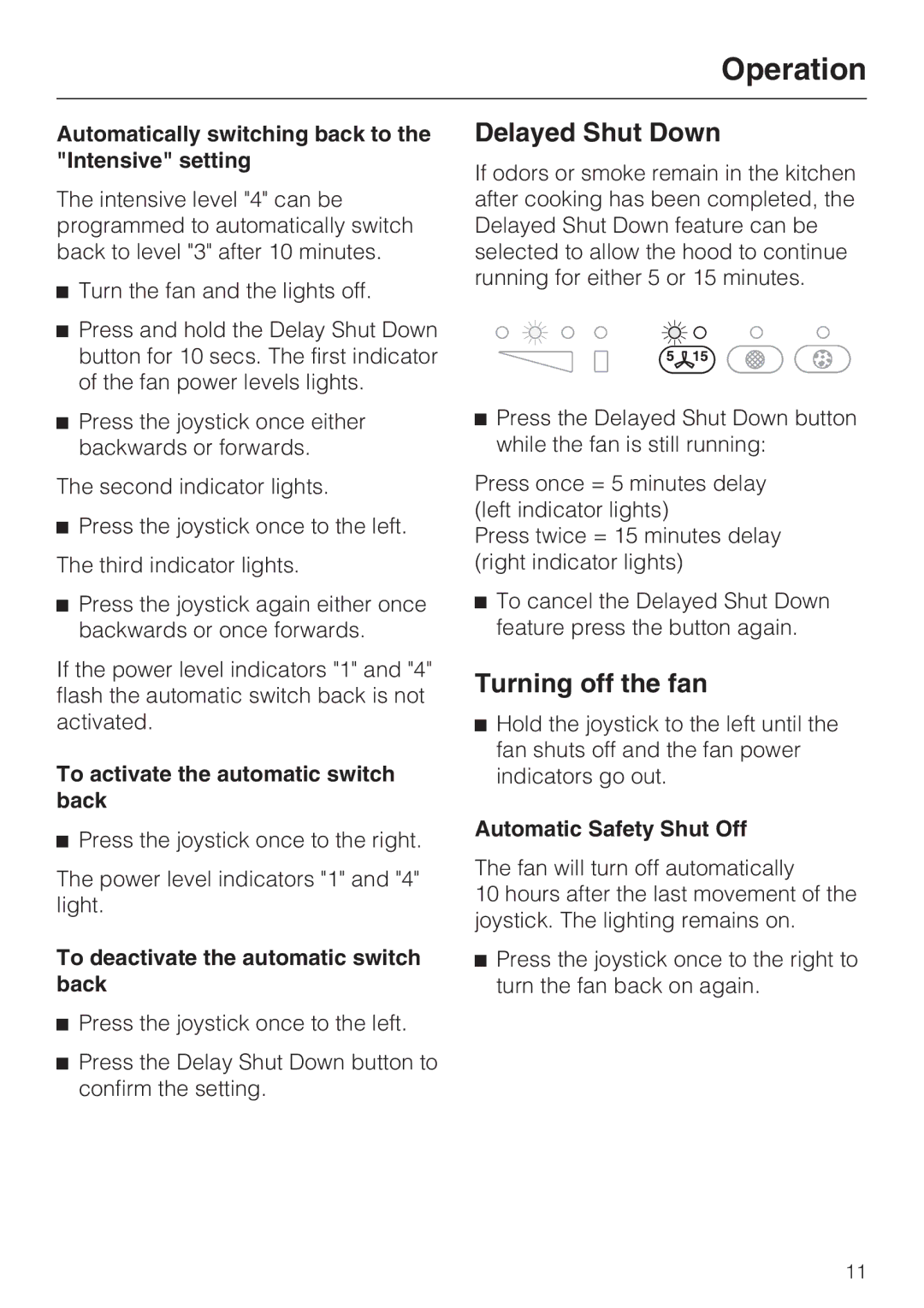 Miele DA2280, DA2210 Turning off the fan, Automatically switching back to the Intensive setting, Automatic Safety Shut Off 