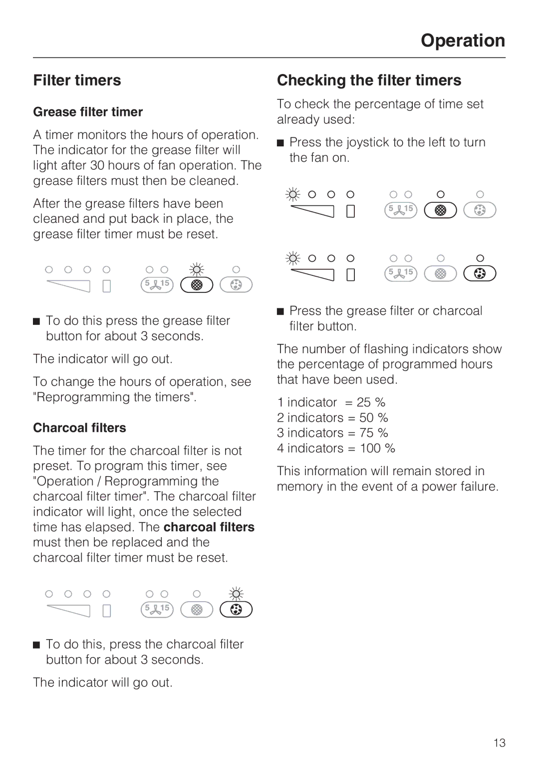 Miele DA2280, DA2210 Filter timers, Checking the filter timers, Grease filter timer, Charcoal filters 