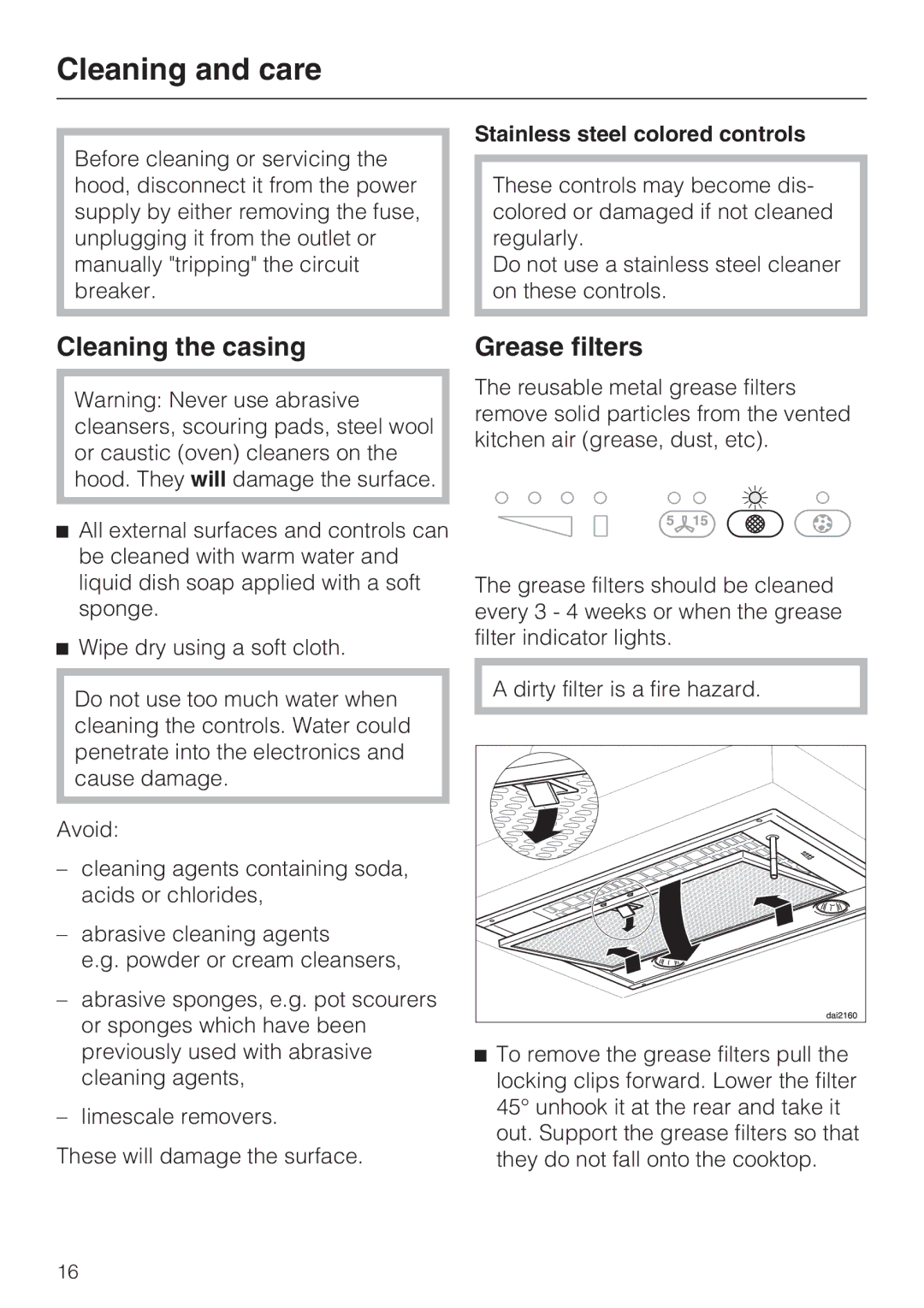 Miele DA2210, DA2280 Cleaning and care, Cleaning the casing Grease filters, Stainless steel colored controls 