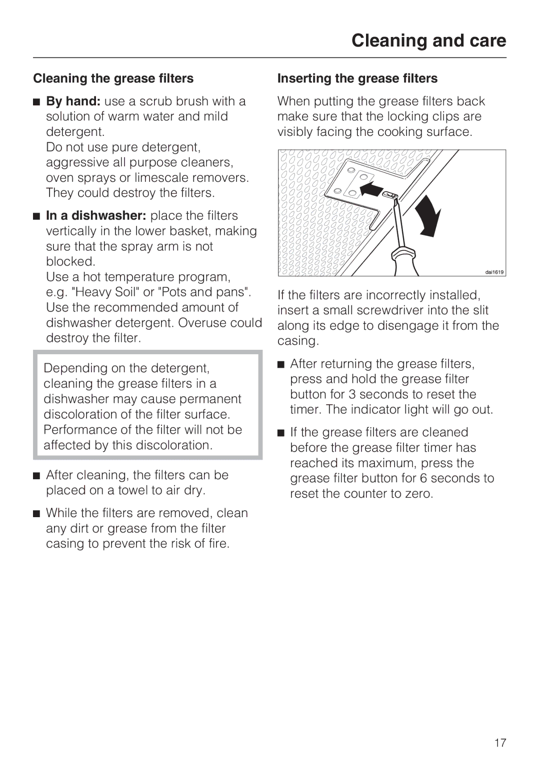 Miele DA2280, DA2210 installation instructions Cleaning the grease filters, Inserting the grease filters 