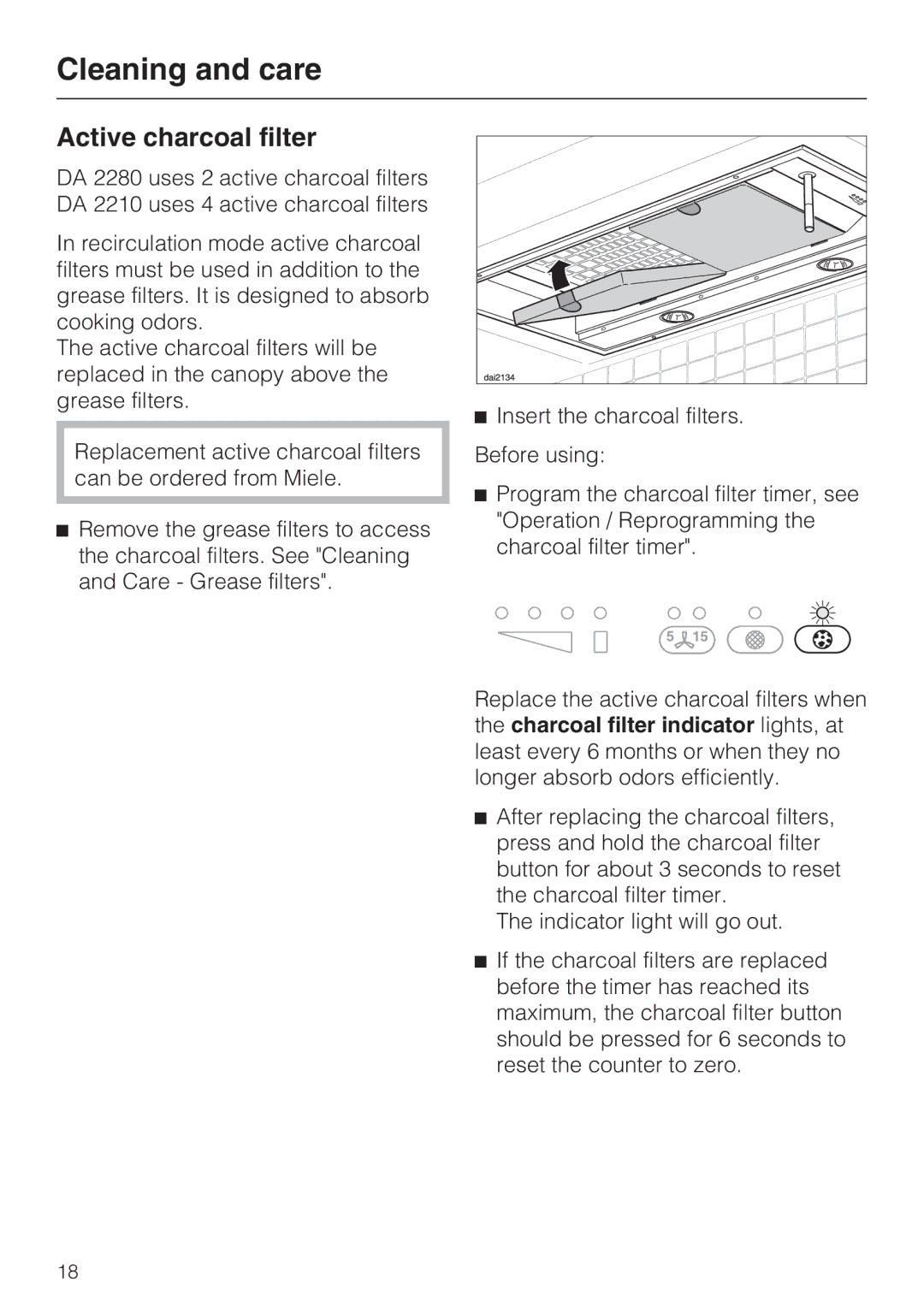 Miele DA2210, DA2280 installation instructions Active charcoal filter, Insert the charcoal filters 