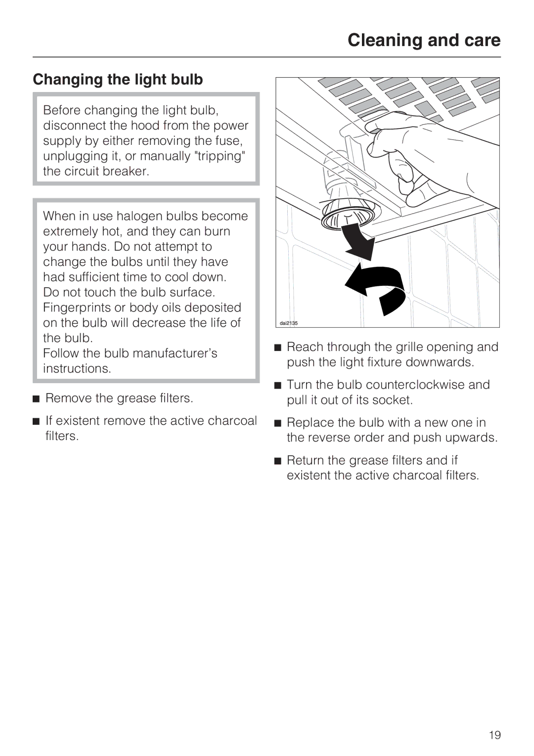 Miele DA2280, DA2210 installation instructions Changing the light bulb 