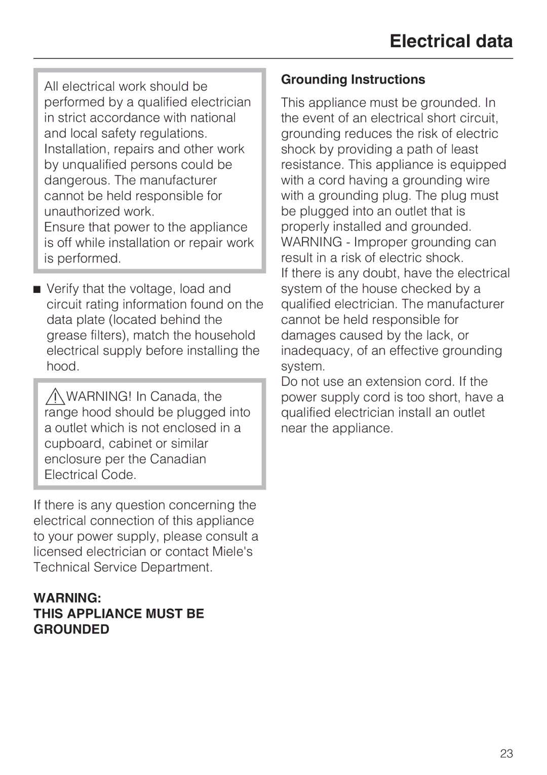 Miele DA2280, DA2210 installation instructions Electrical data, Grounding Instructions 