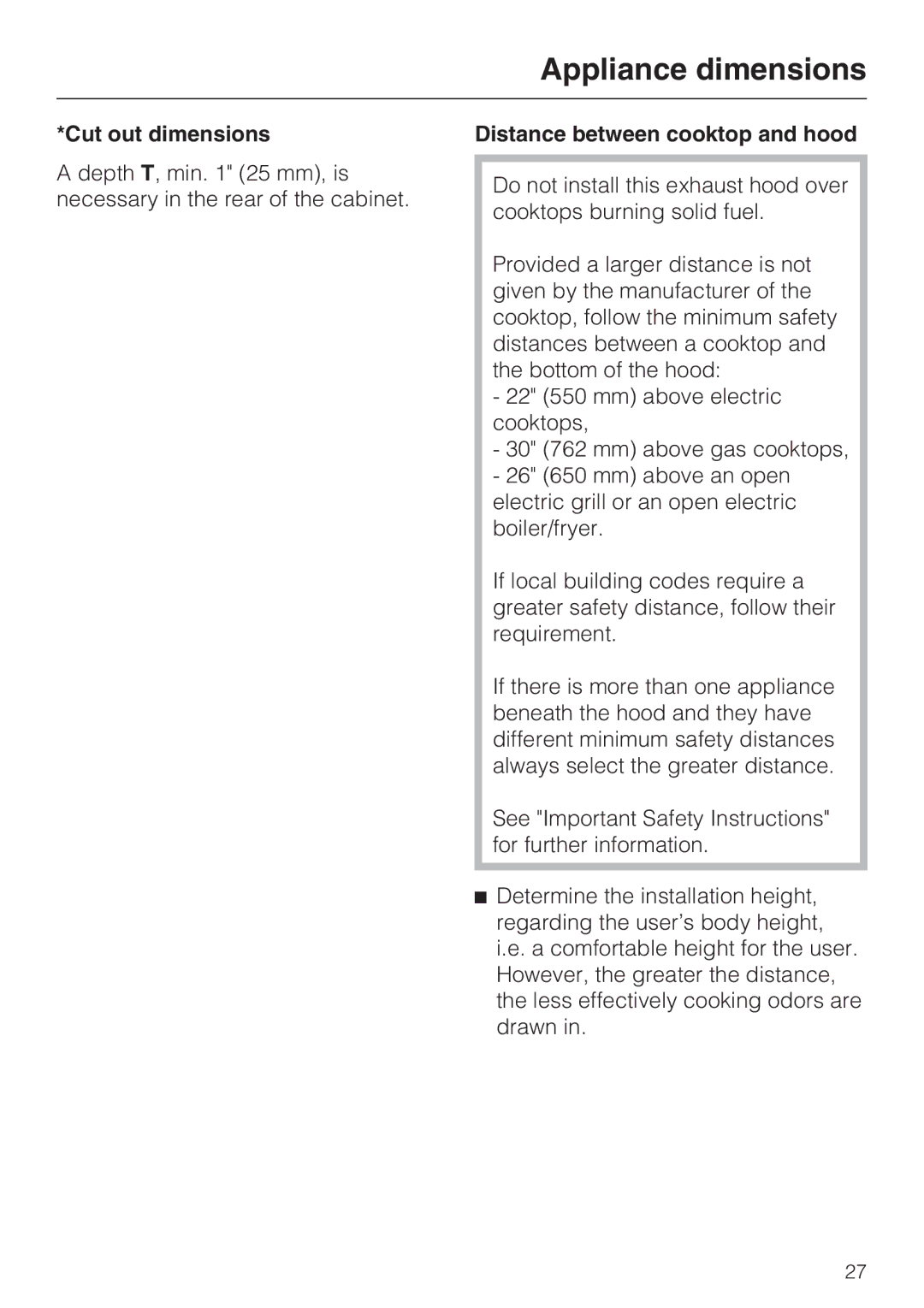 Miele DA2280, DA2210 installation instructions Cut out dimensions, Distance between cooktop and hood 