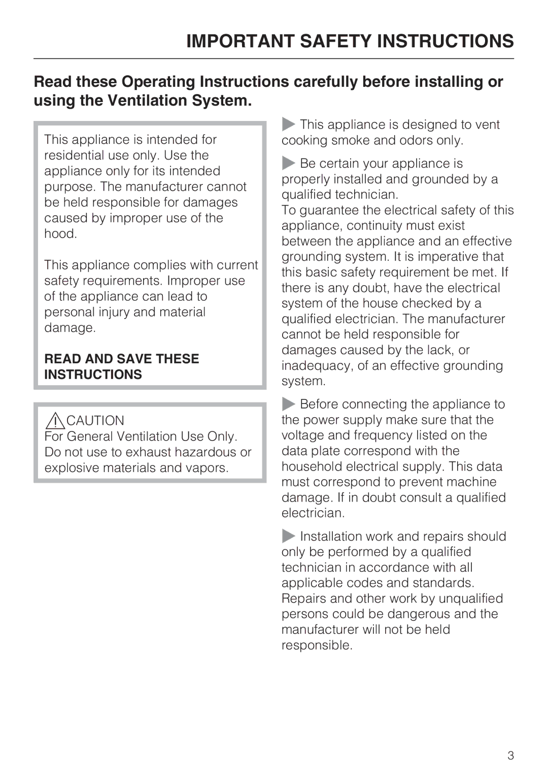 Miele DA2280, DA2210 installation instructions Important Safety Instructions 