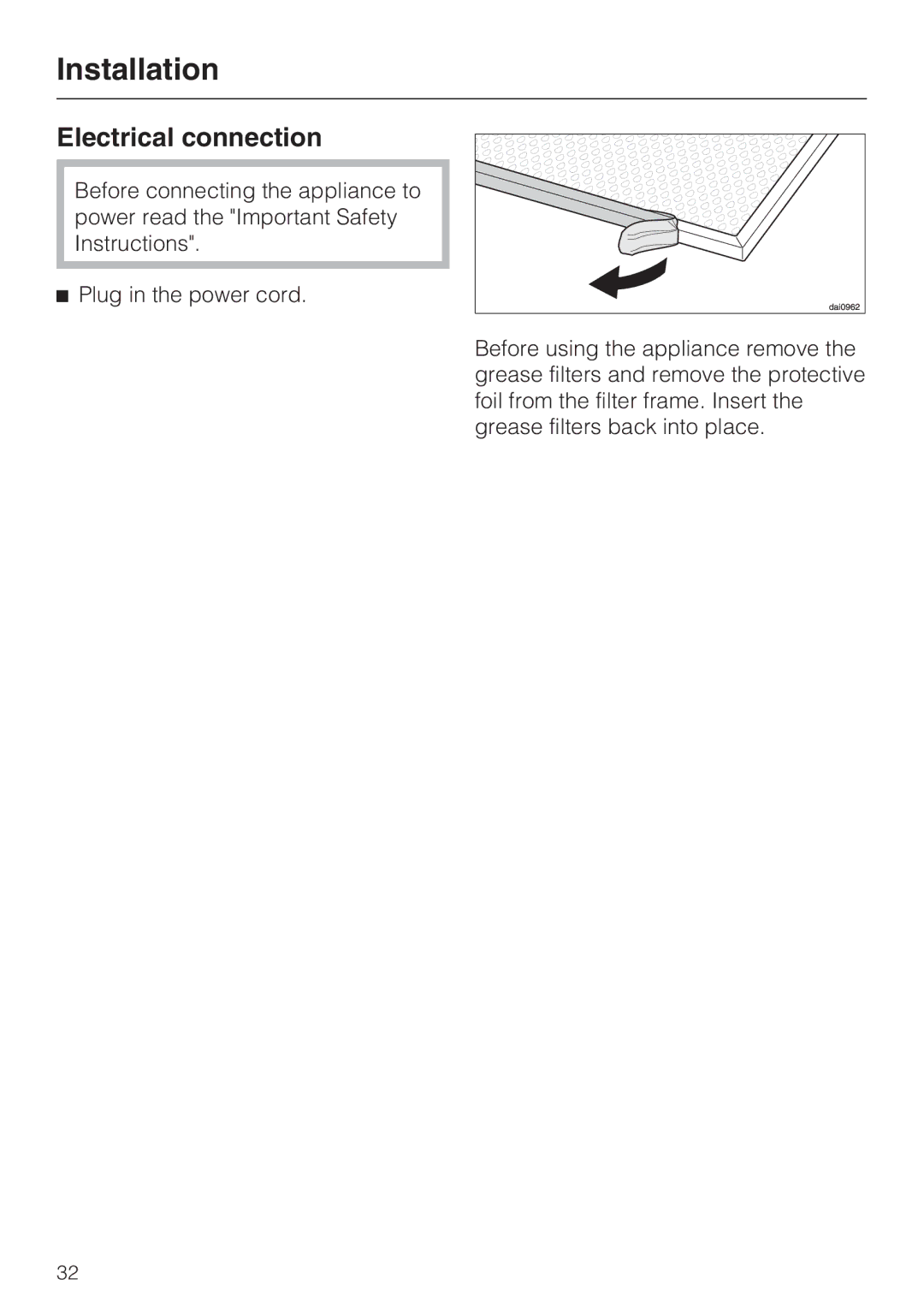 Miele DA2210, DA2280 installation instructions Electrical connection 